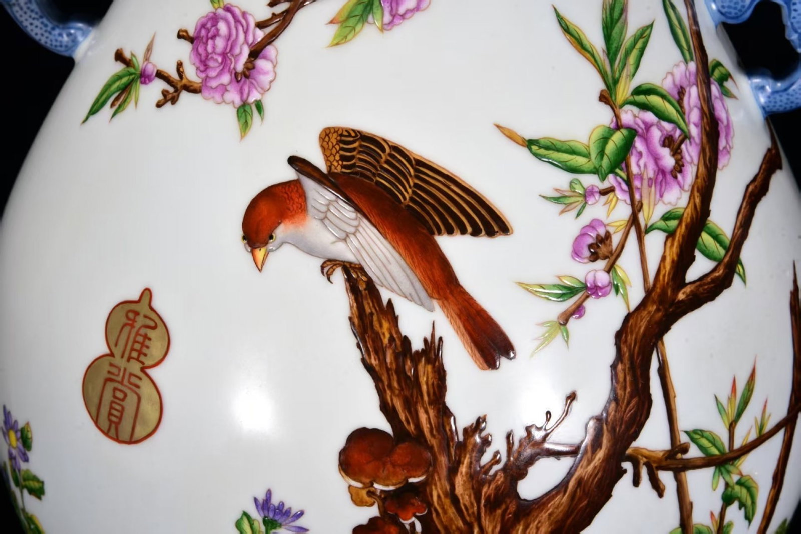 A Huge Enamel Painted Gold Flower and Bird Pattern Double-Ears Vase,With Poem - 5