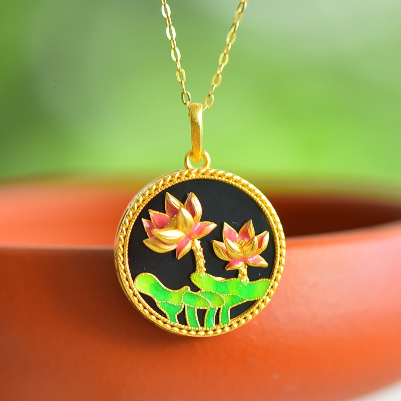 An Exquisite Sterling Silver-Gold Plated Inlaid Black Jade Enamel Pendant - 2
