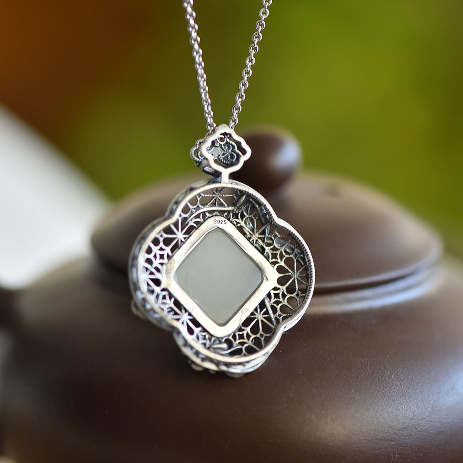 An Exquisite Sterling Silver Inlaid White Jade Pendant - 5