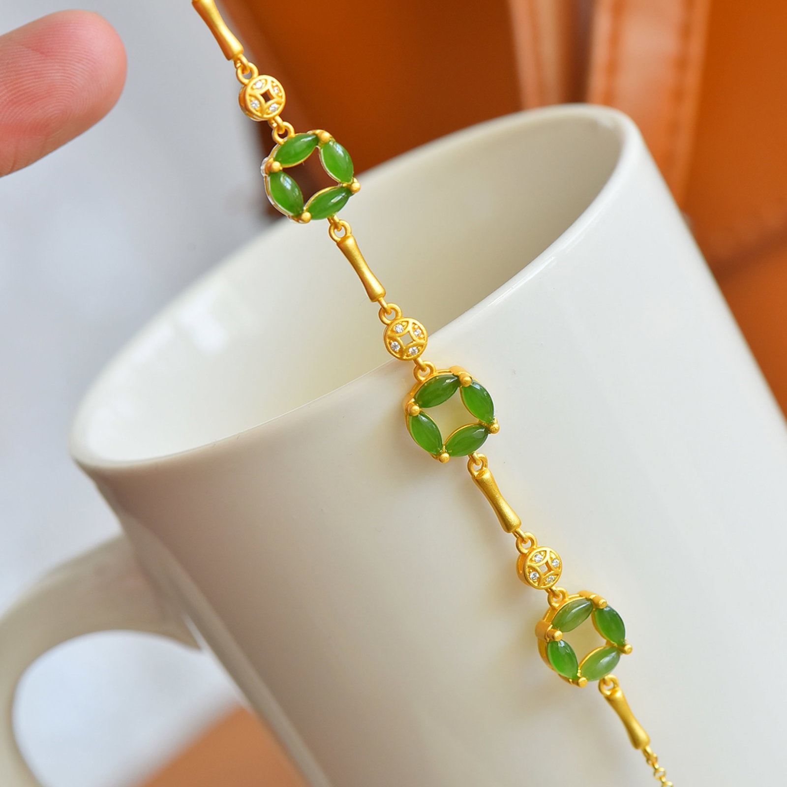 An Exquisite Sterling Silver-Gold Plated Inlaid Jasper Bracelets,Inlaid Diamond - 4
