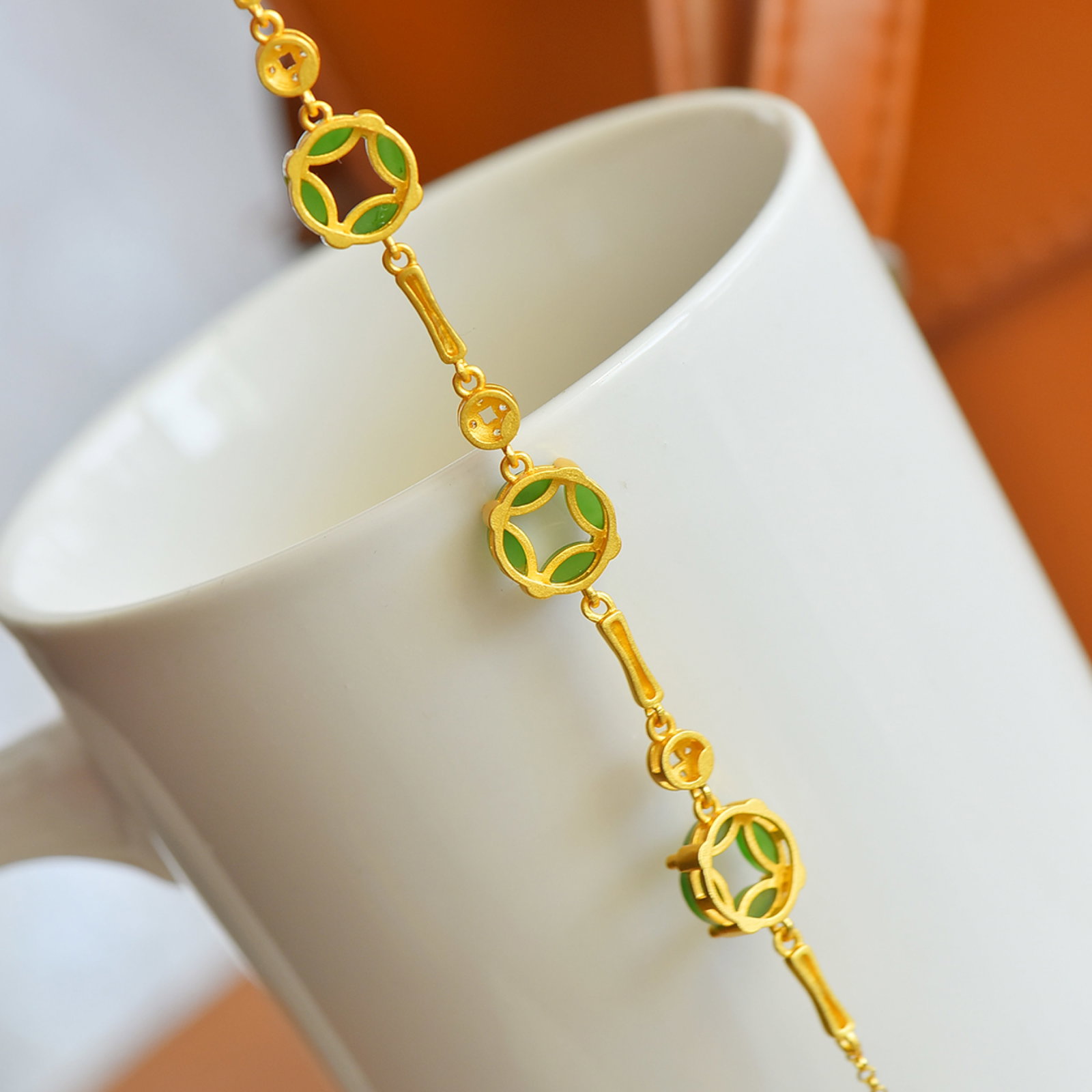 An Exquisite Sterling Silver-Gold Plated Inlaid Jasper Bracelets,Inlaid Diamond - 5