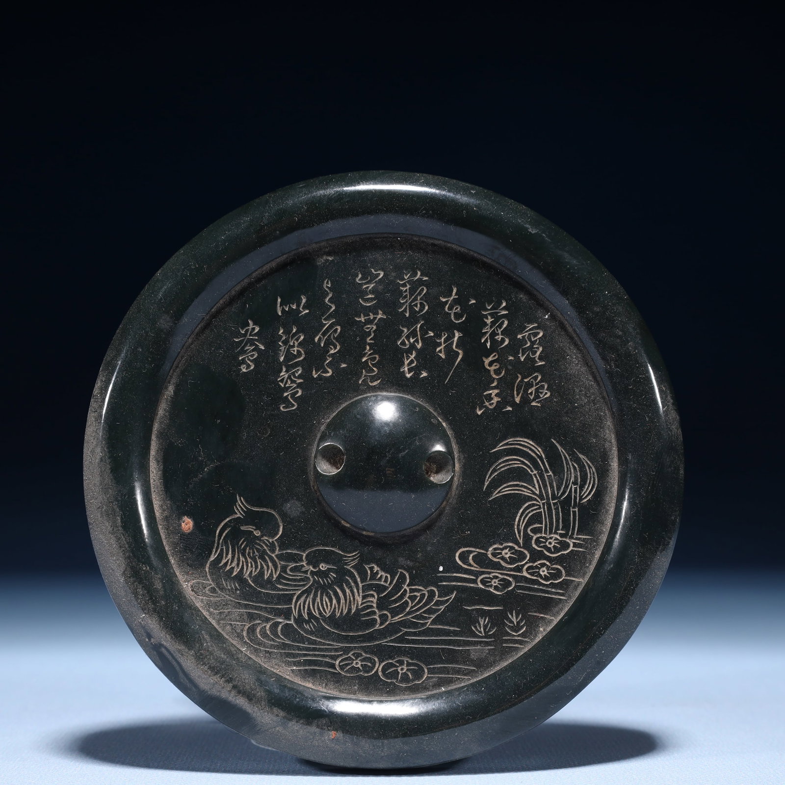 A Pair of Exquisite Jasper Mandarin Duck Pattern Mirrors,with poem - 2