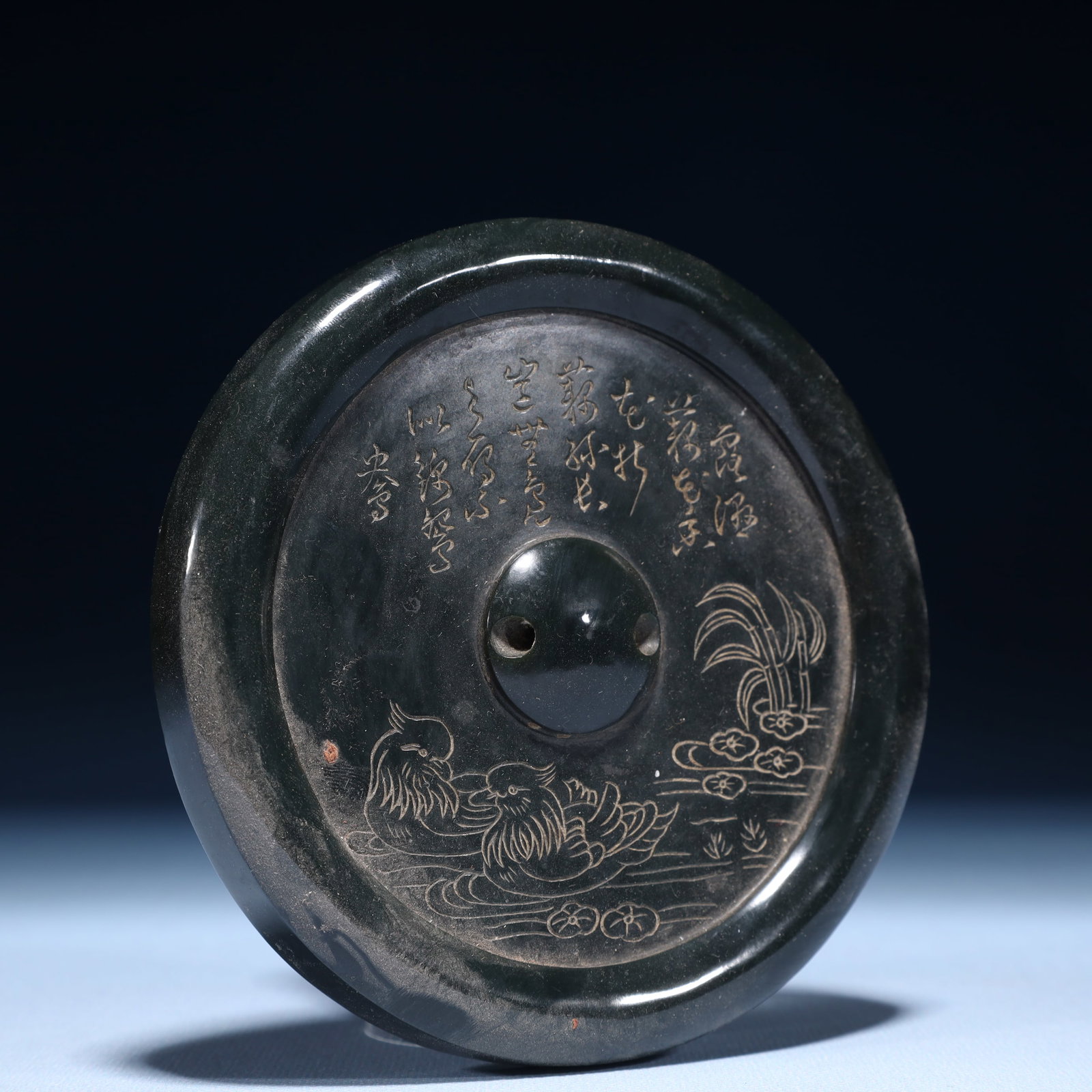 A Pair of Exquisite Jasper Mandarin Duck Pattern Mirrors,with poem - 4