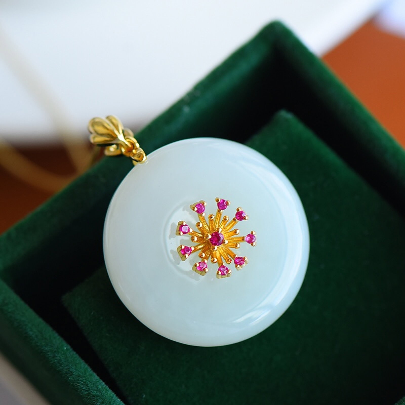 An Exquisite Sterling Silver-Gold Plated Inlaid White Jade Pendant , Inlaid Diamond - 2