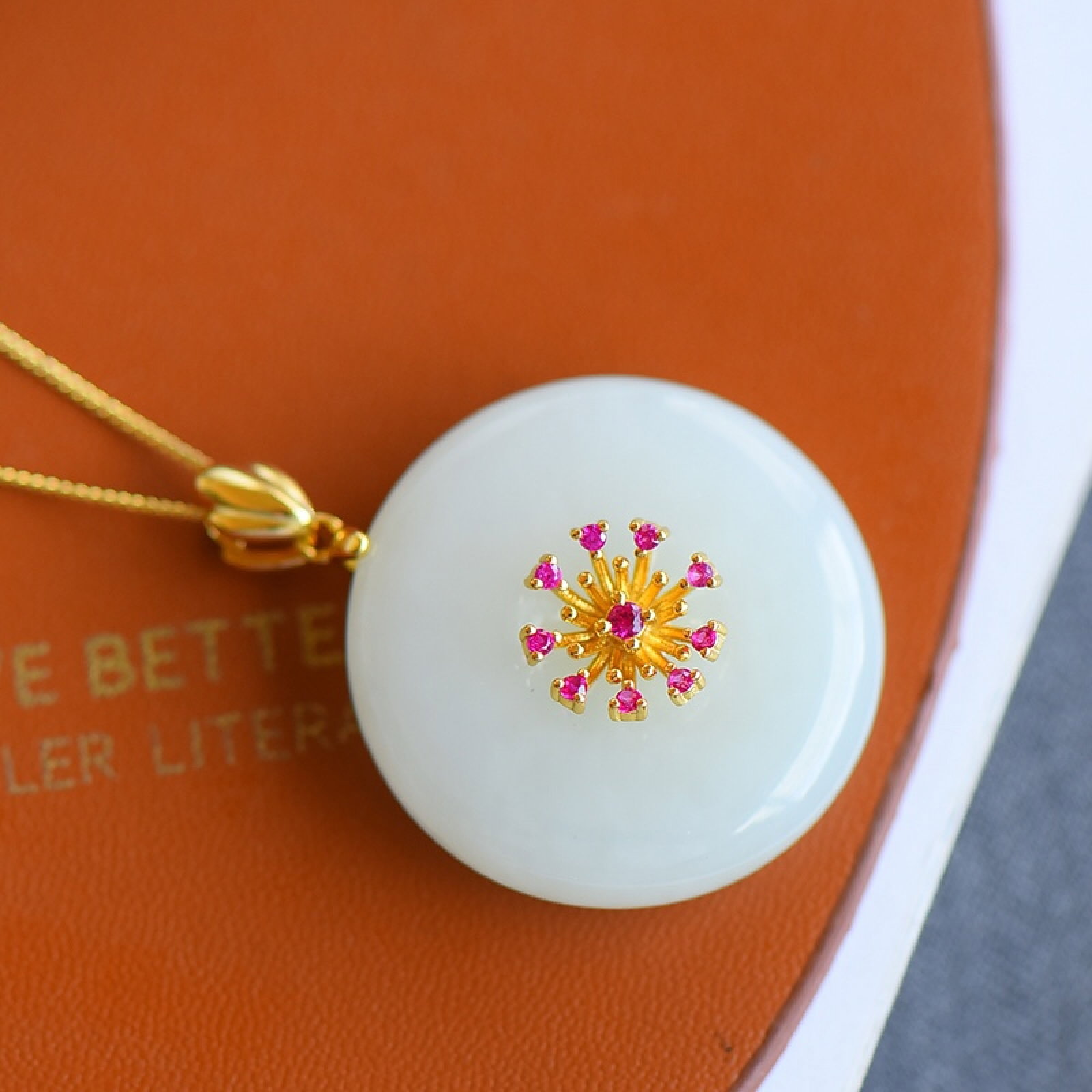 An Exquisite Sterling Silver-Gold Plated Inlaid White Jade Pendant , Inlaid Diamond - 3