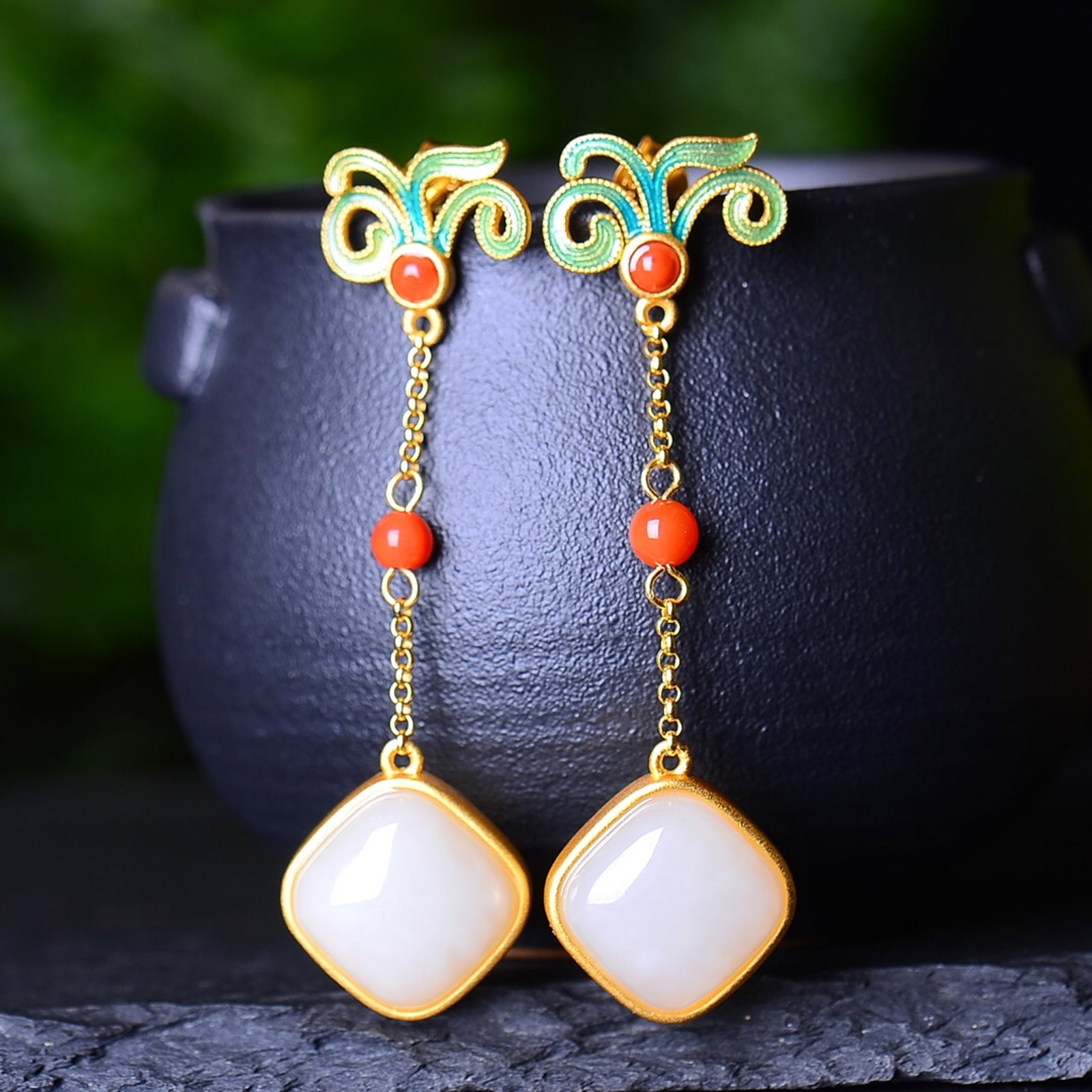 A Pair of Exquisite Sterling Silver-Gold Plated Inlaid White Jade Earrings - 2
