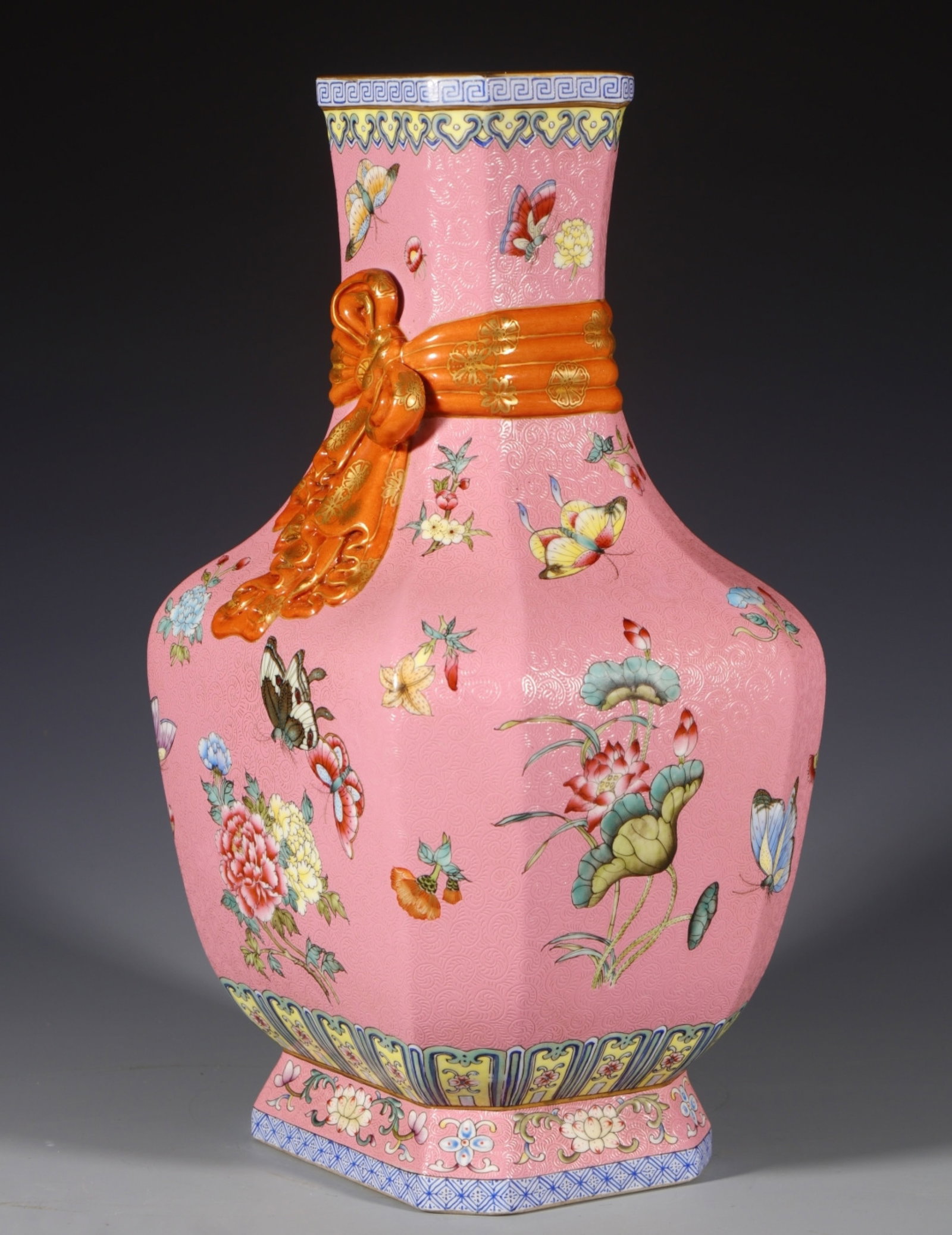A Rare Enamel Pink Ground Flower and Butterfly Pattern Vase - 5