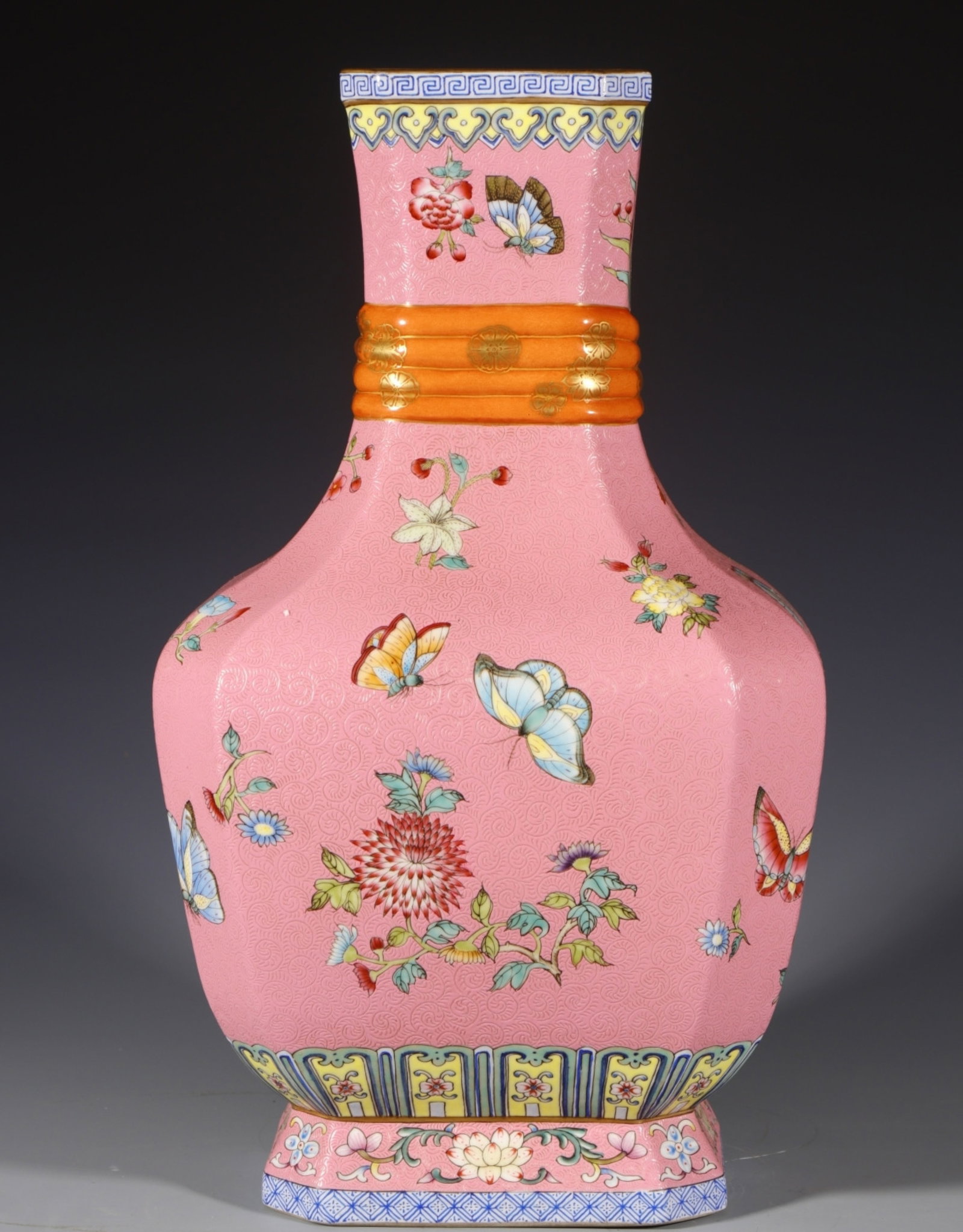 A Rare Enamel Pink Ground Flower and Butterfly Pattern Vase - 6
