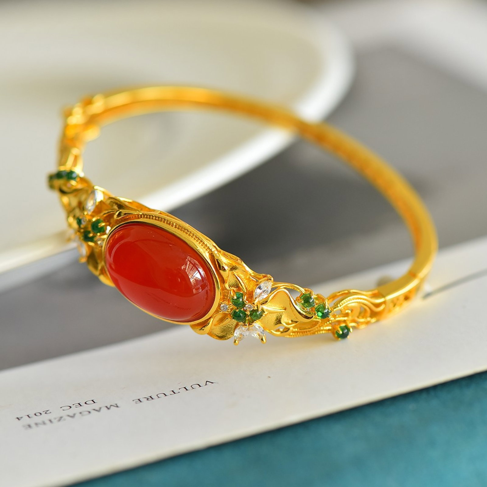 An Exquisite Sterling Silver-Gold Plated Inlaid Agate Bracelets,Inlaid Diamond - 4