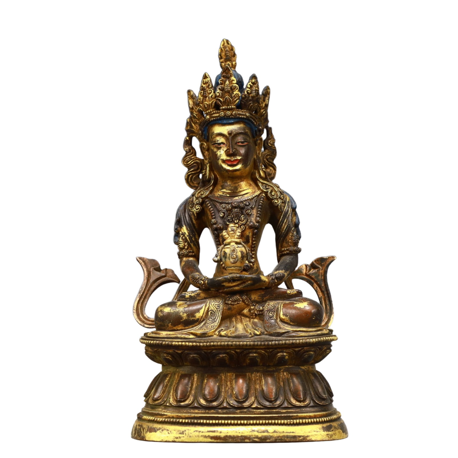 A Solemn Gilt Bronze Statue of Amitayus: Estimated Value:3000-6000 A Solemn Gilt Bronze Statue of Amitayus,Qing Dynasty, China,Size:3.5inx2.6inx7.1in,Weight:850g