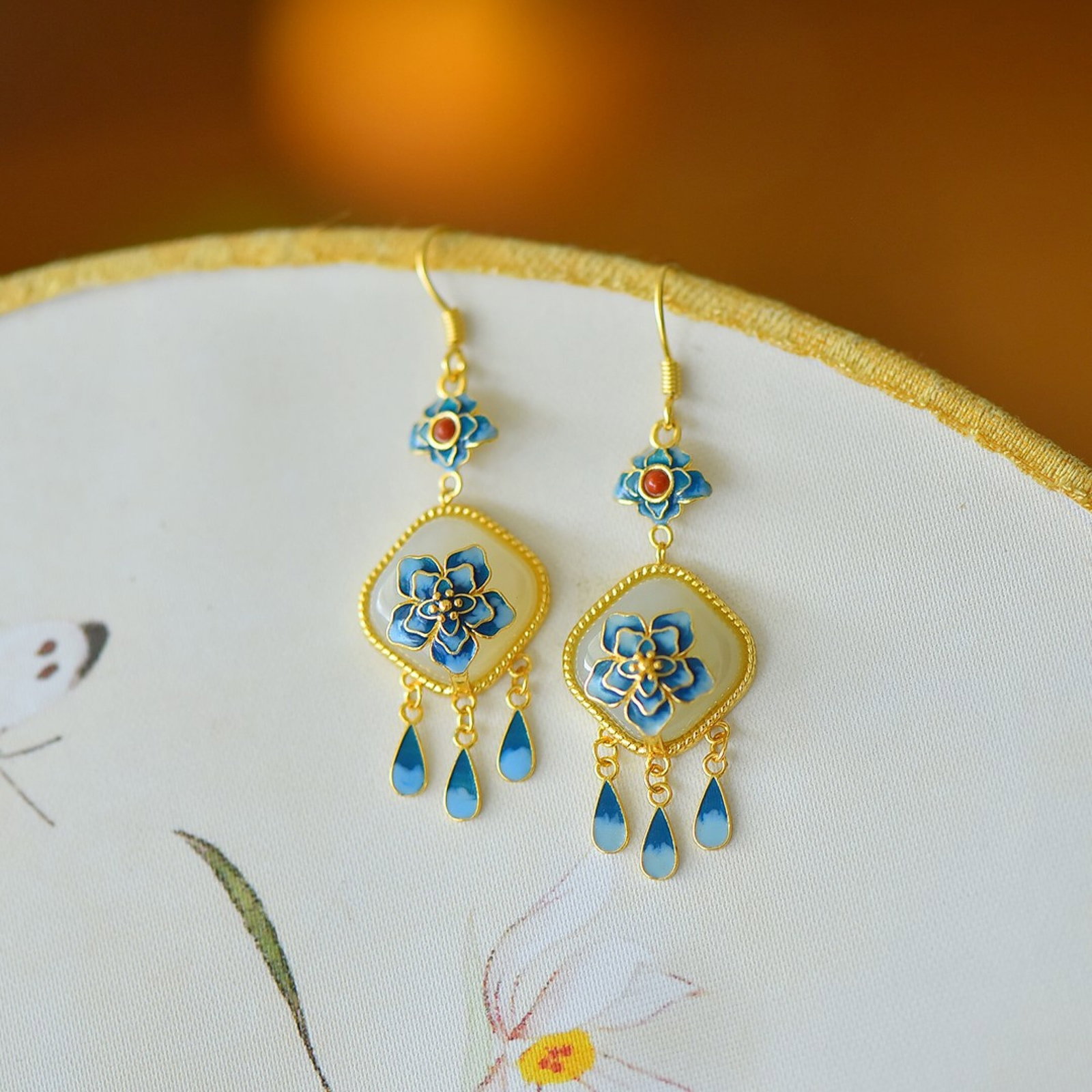 A Pair of Exquisite Sterling Silver-Gold Plated Inlaid White Jade Enamel Earrings - 3