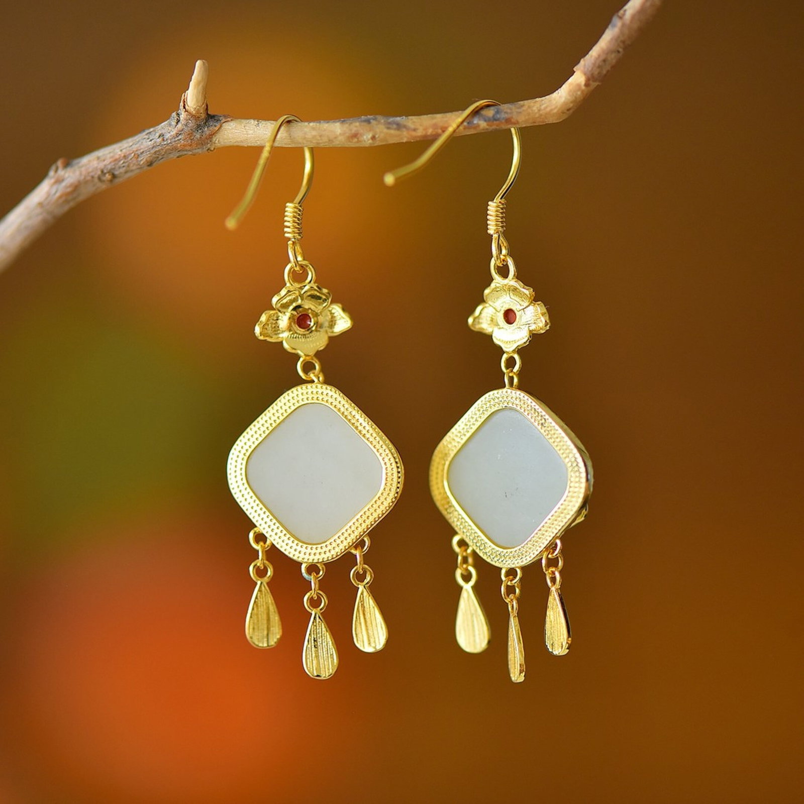 A Pair of Exquisite Sterling Silver-Gold Plated Inlaid White Jade Enamel Earrings - 5