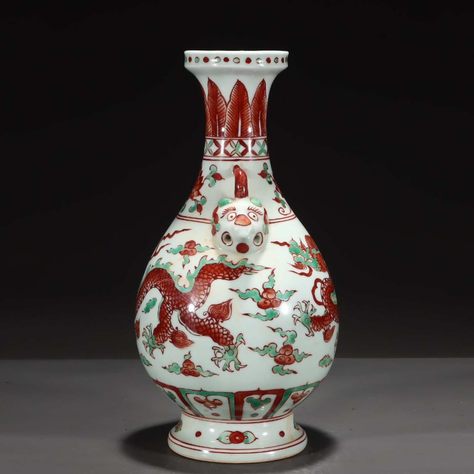 A Rare Red Green Color Lotus,Auspicious Cloud and Dragon Pattern Beast-Ears Vase - 2