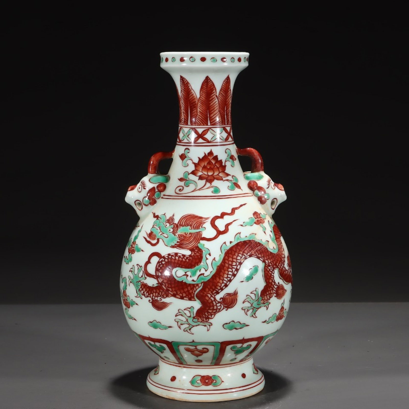 A Rare Red Green Color Lotus,Auspicious Cloud and Dragon Pattern Beast-Ears Vase - 3