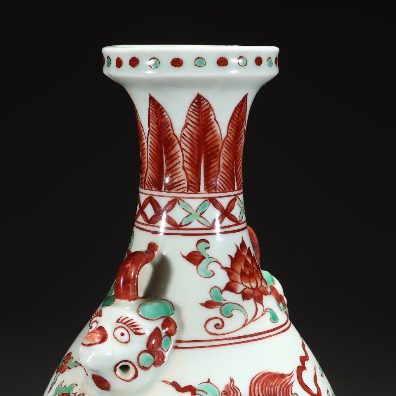 A Rare Red Green Color Lotus,Auspicious Cloud and Dragon Pattern Beast-Ears Vase - 4