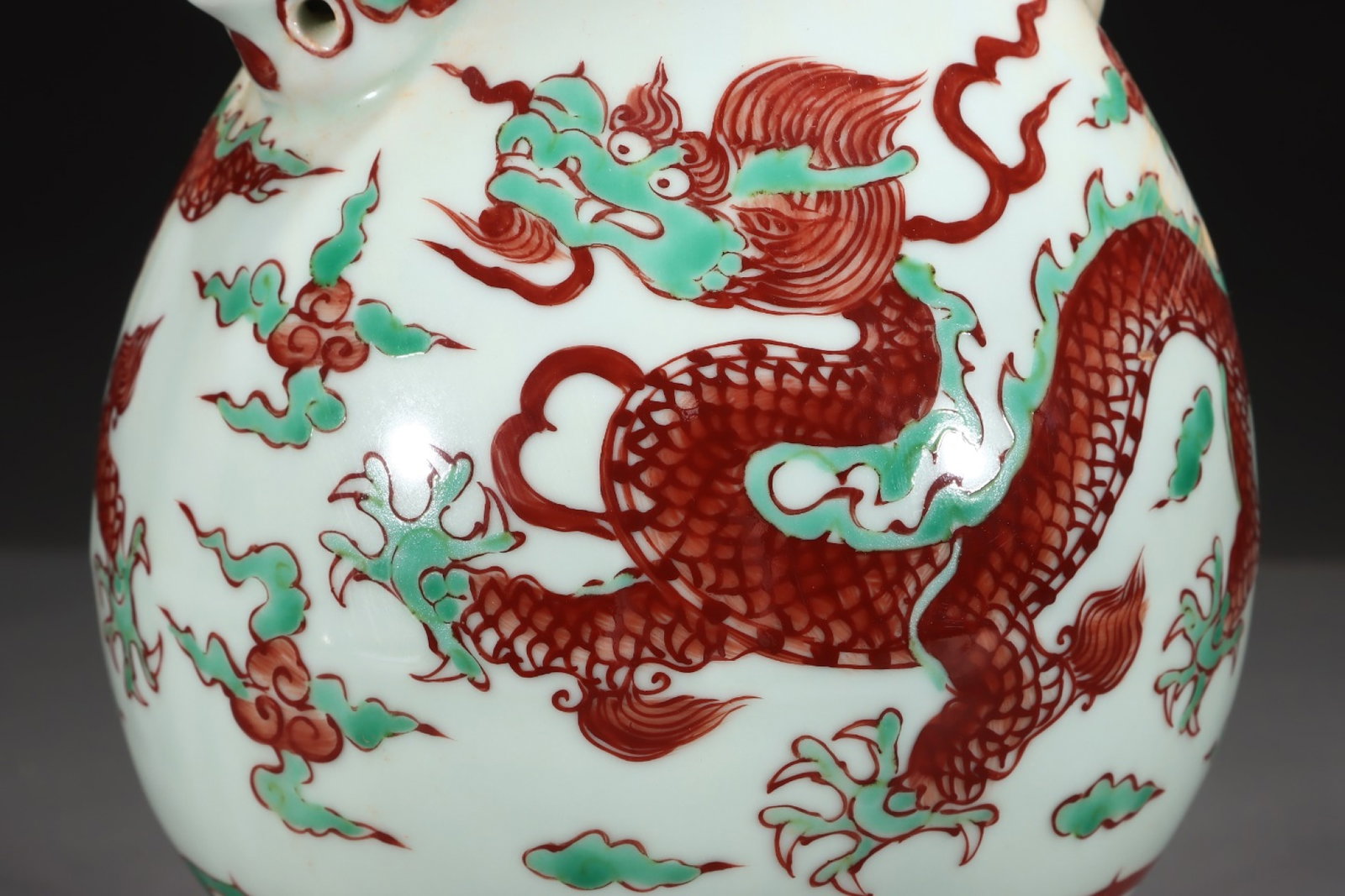 A Rare Red Green Color Lotus,Auspicious Cloud and Dragon Pattern Beast-Ears Vase - 5