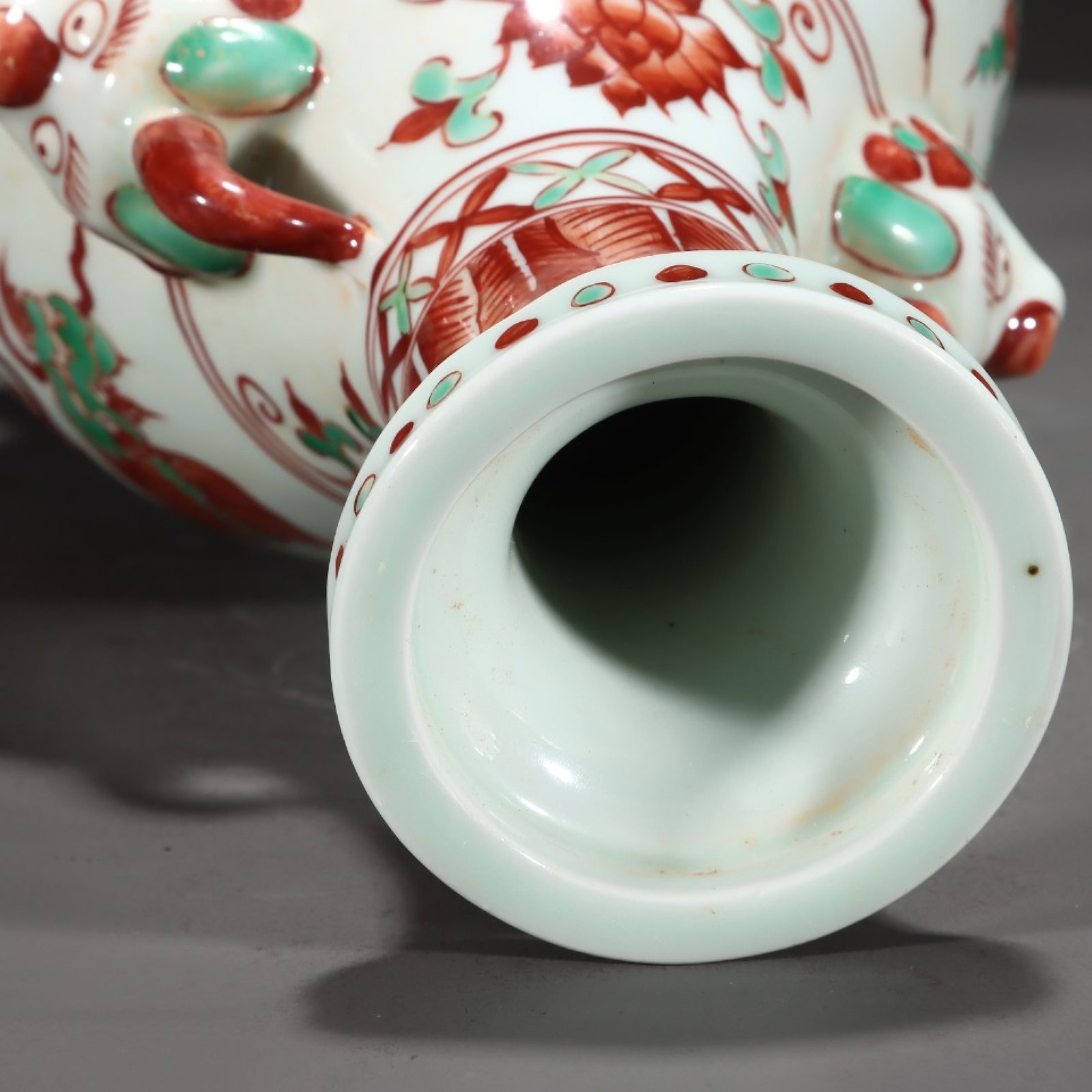 A Rare Red Green Color Lotus,Auspicious Cloud and Dragon Pattern Beast-Ears Vase - 6