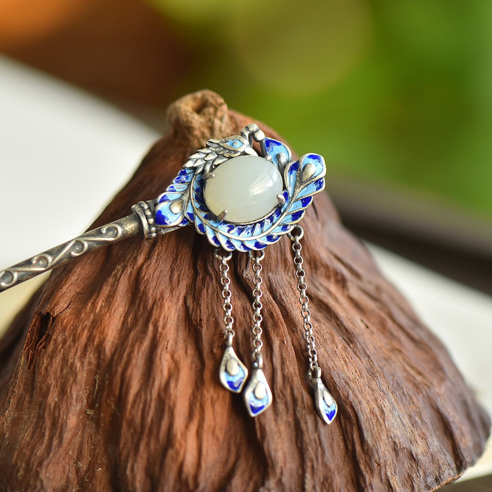 An Exquisite Sterling Silver Inlaid White Jade Hairpin - 2