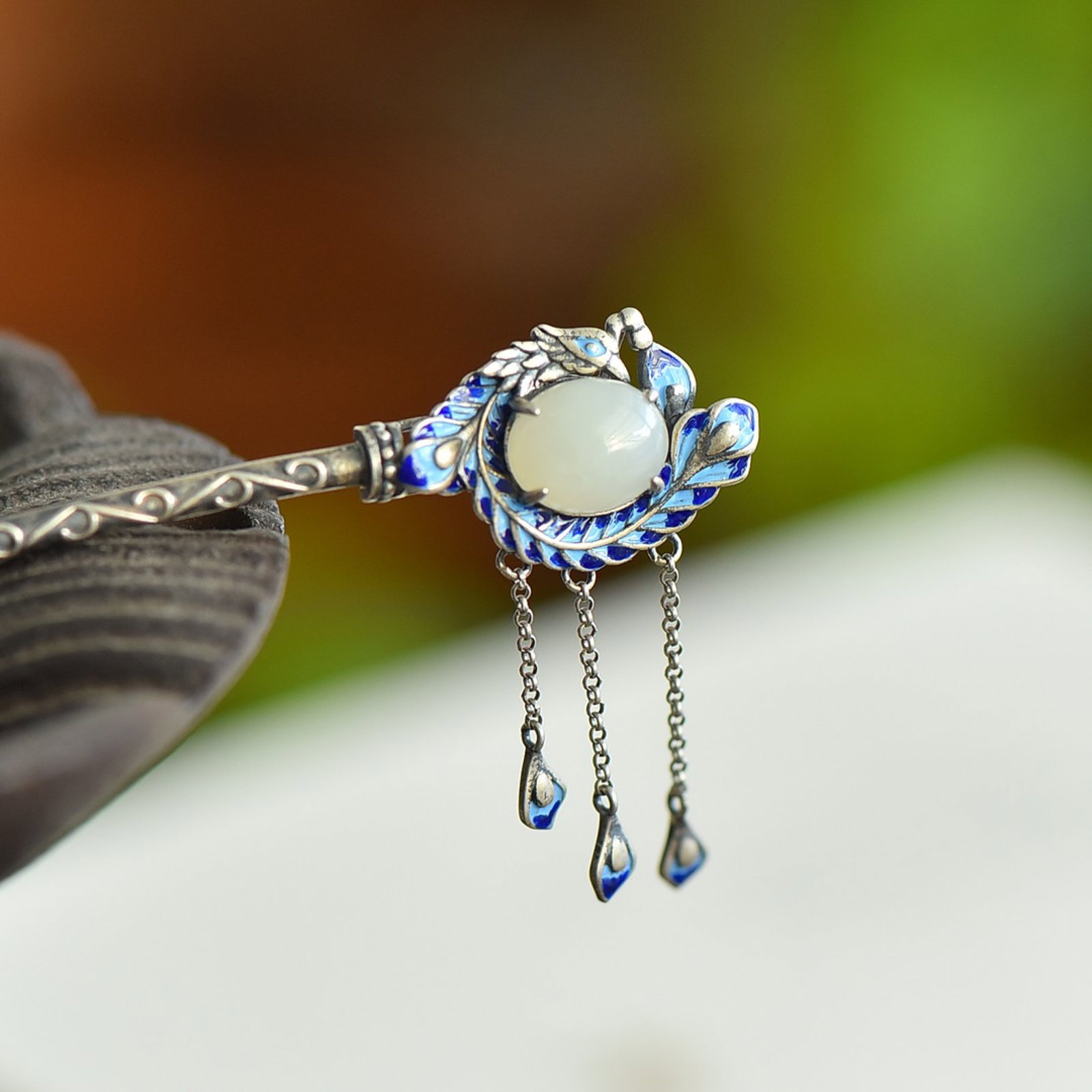 An Exquisite Sterling Silver Inlaid White Jade Hairpin - 3