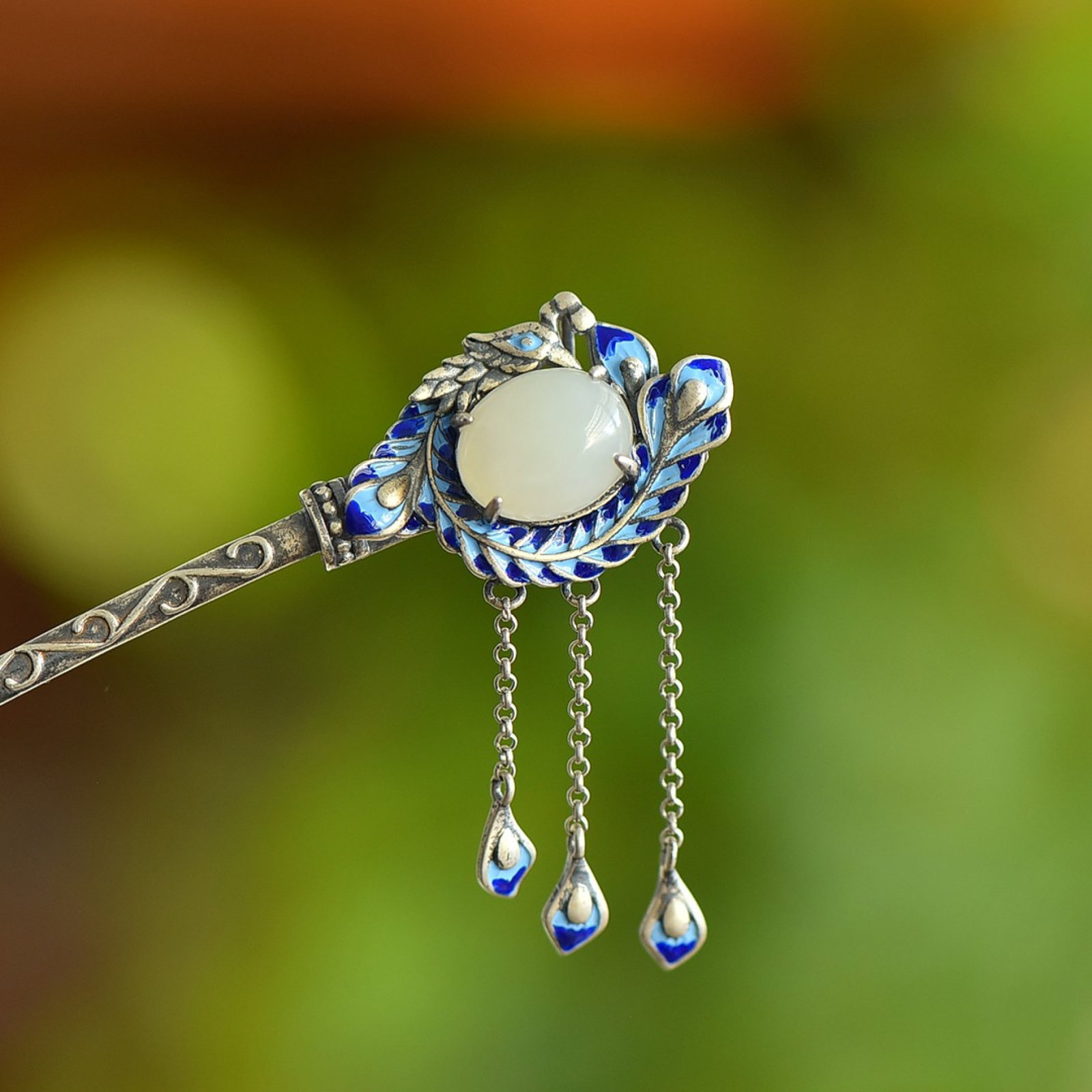An Exquisite Sterling Silver Inlaid White Jade Hairpin - 4