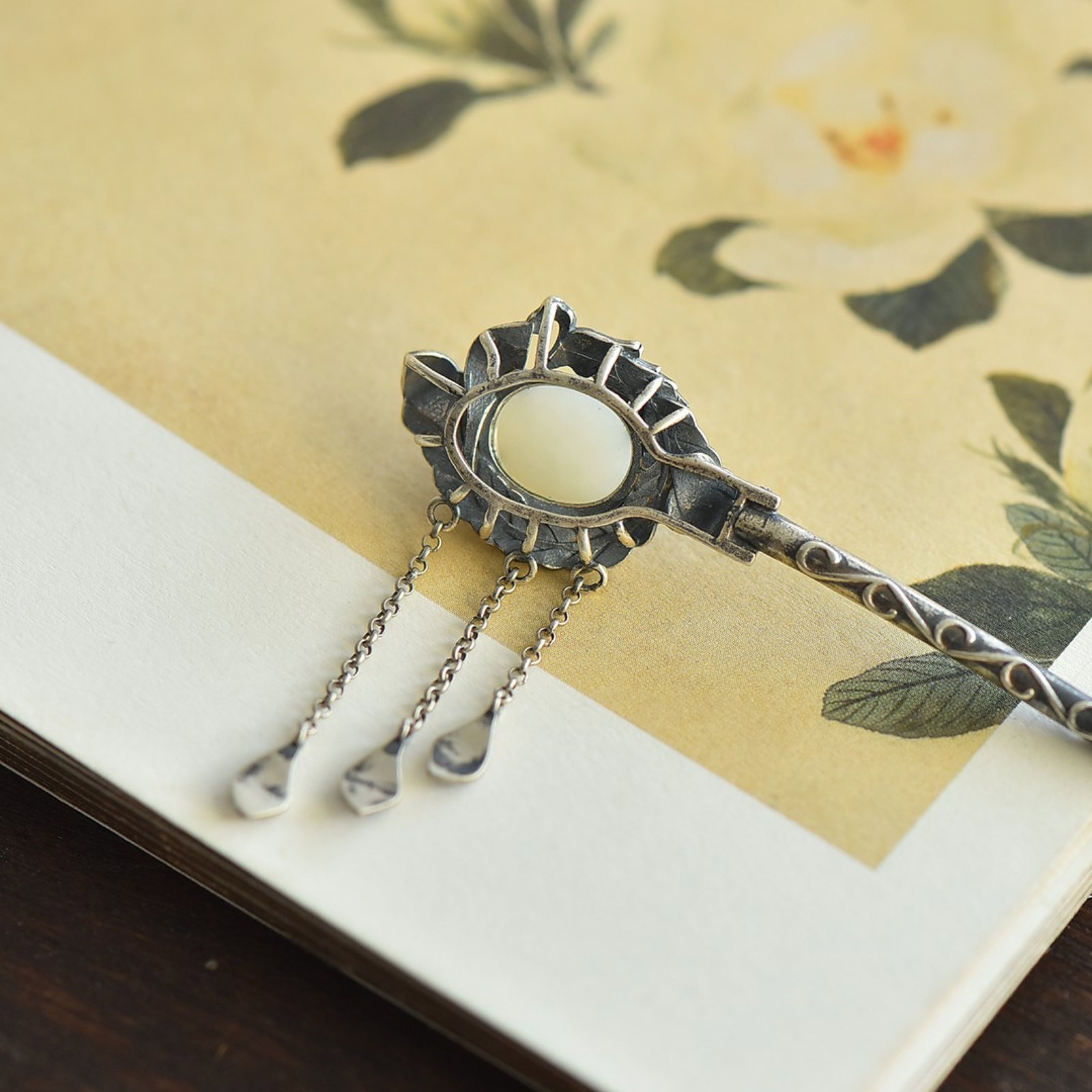 An Exquisite Sterling Silver Inlaid White Jade Hairpin - 5