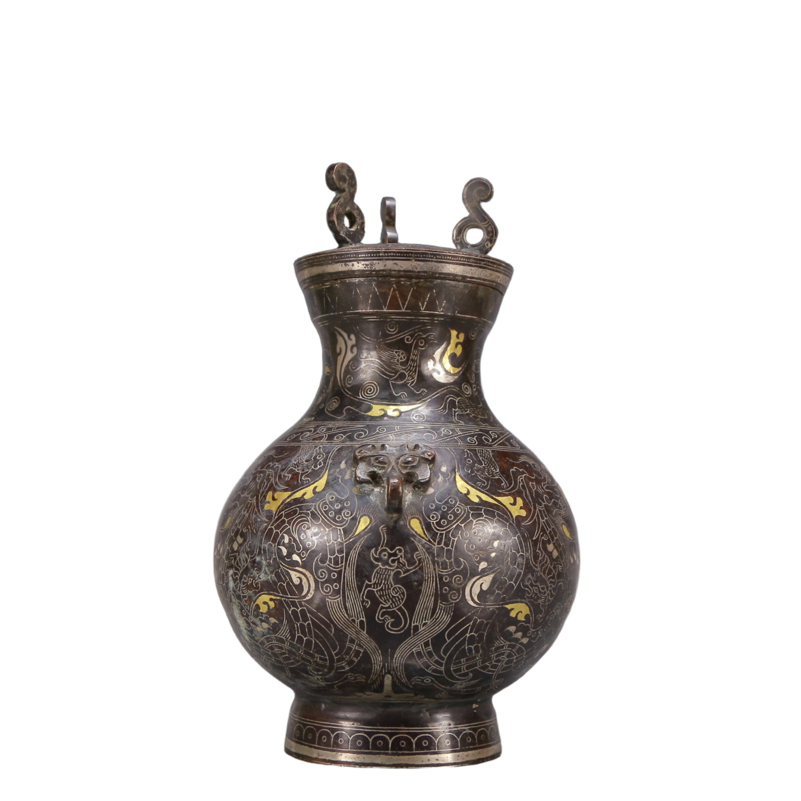 A Exquisite Gold and Silver-Inlaid Bronze Auspicious Beast Pattern Vase - 5
