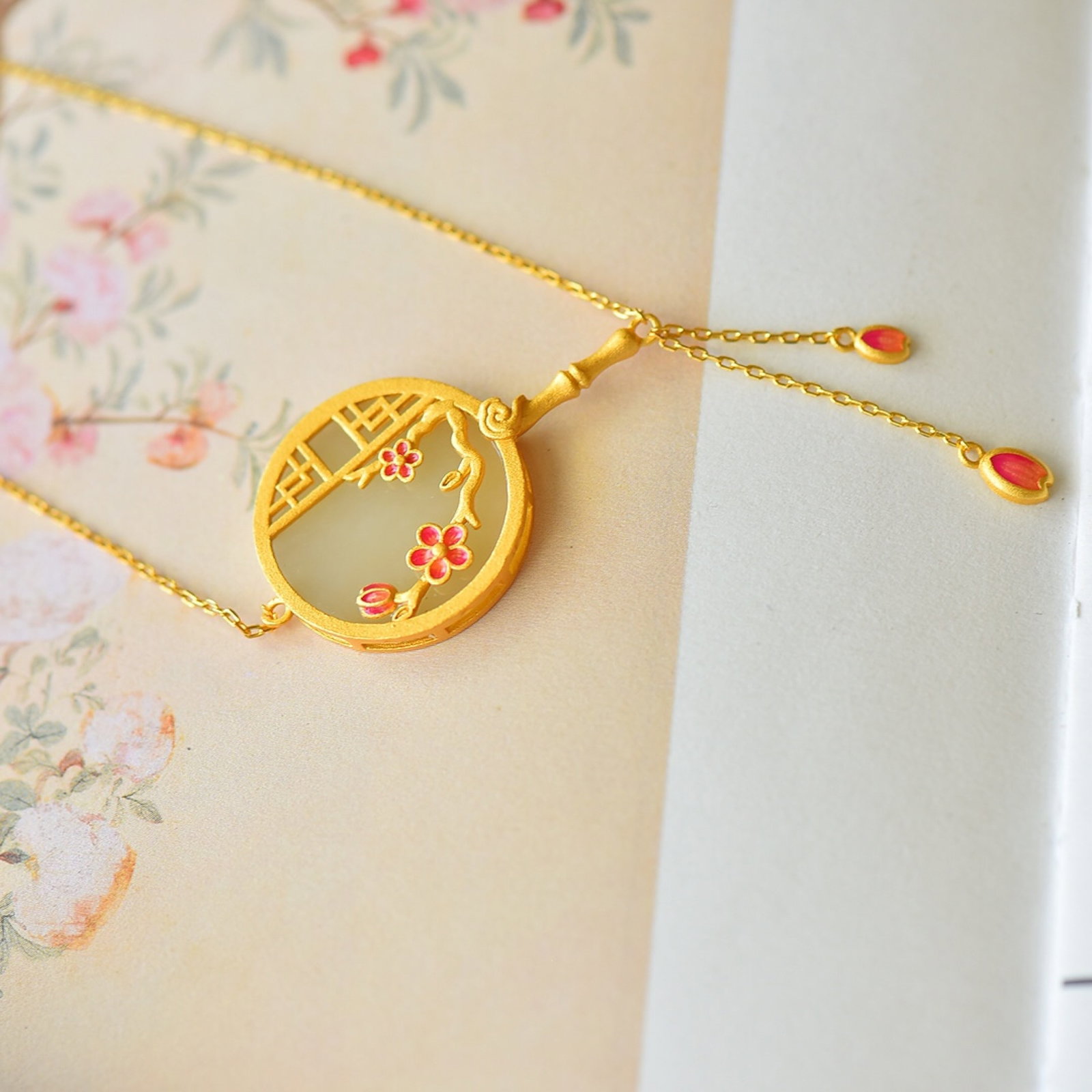 An Exquisite Sterling Silver-Gold Plated Inlaid White Jade Enamel Pendant - 3