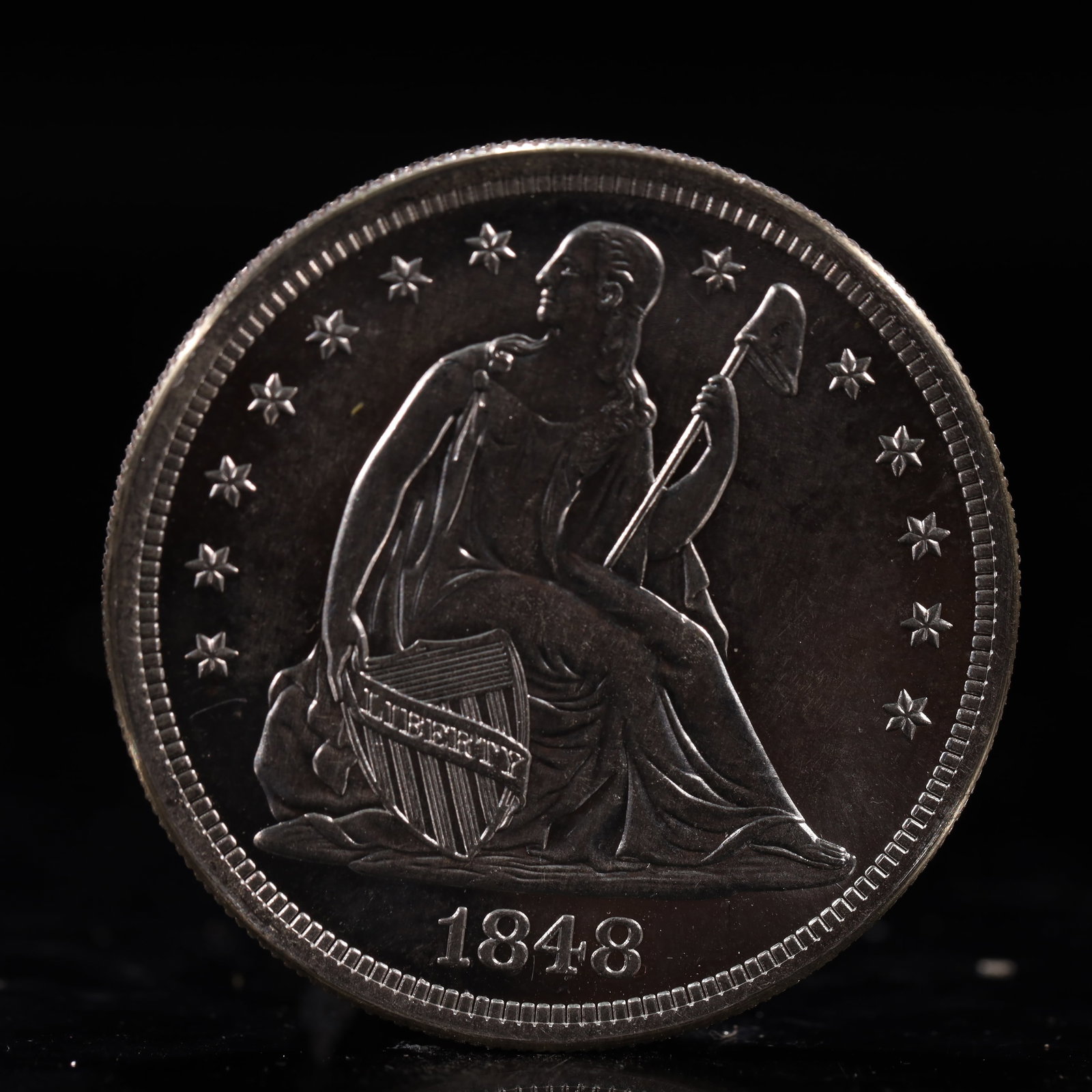 USA One Dollar 1848 Coin: Estimated Value:2000-4000 American coin. IN GOD WE TRUST / LIBERTY / 1848 / UNITED STATES OF AMERICA / ONE DOL. Weight:26.9g.