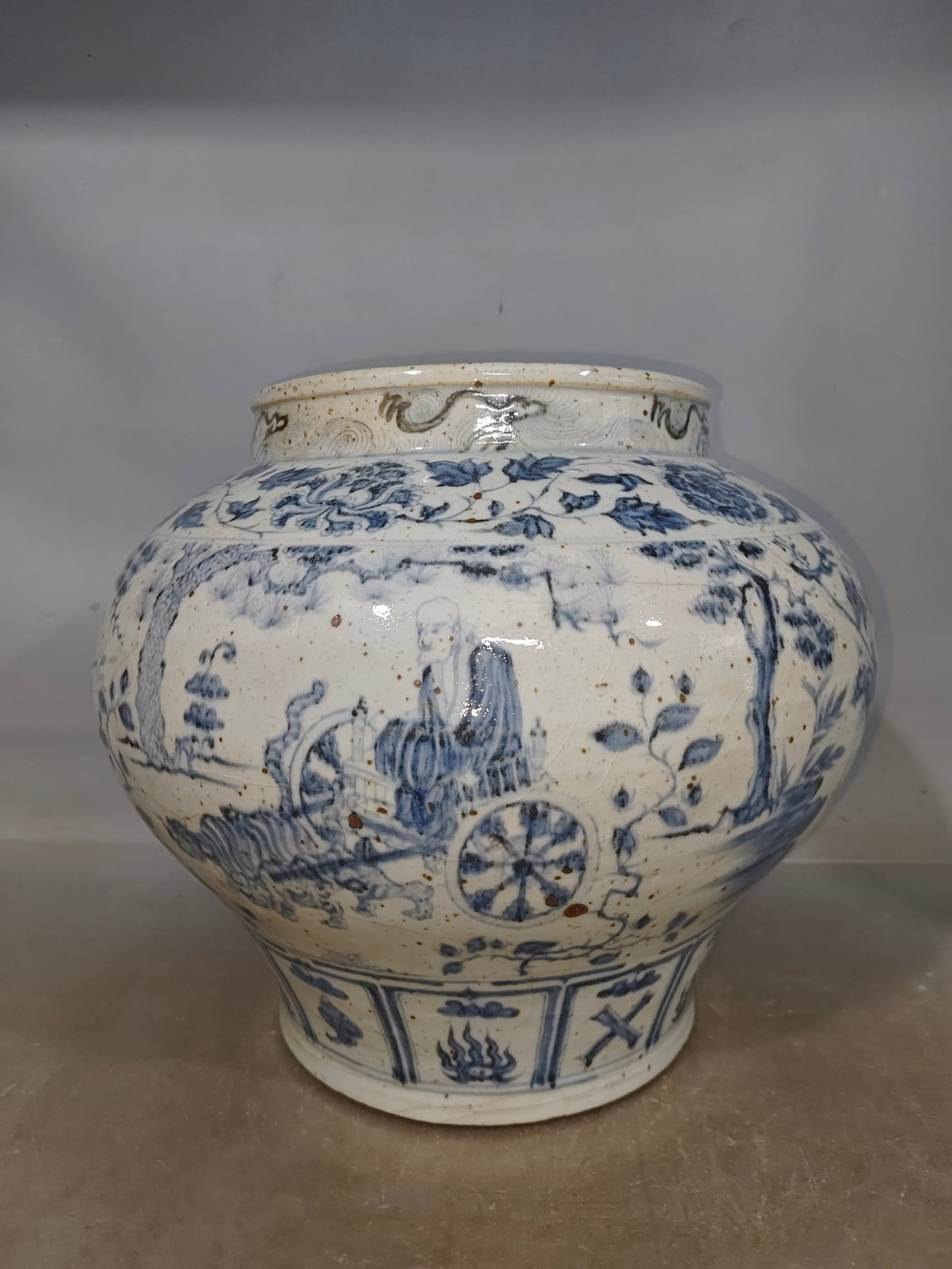 A Rare Blue and White Character and Story Pattern Jar: Estimated Value:3000-6000 A Rare Blue and White Character and Story Pattern Jar,Qing Dynasty,China,Size:12.2inx11in