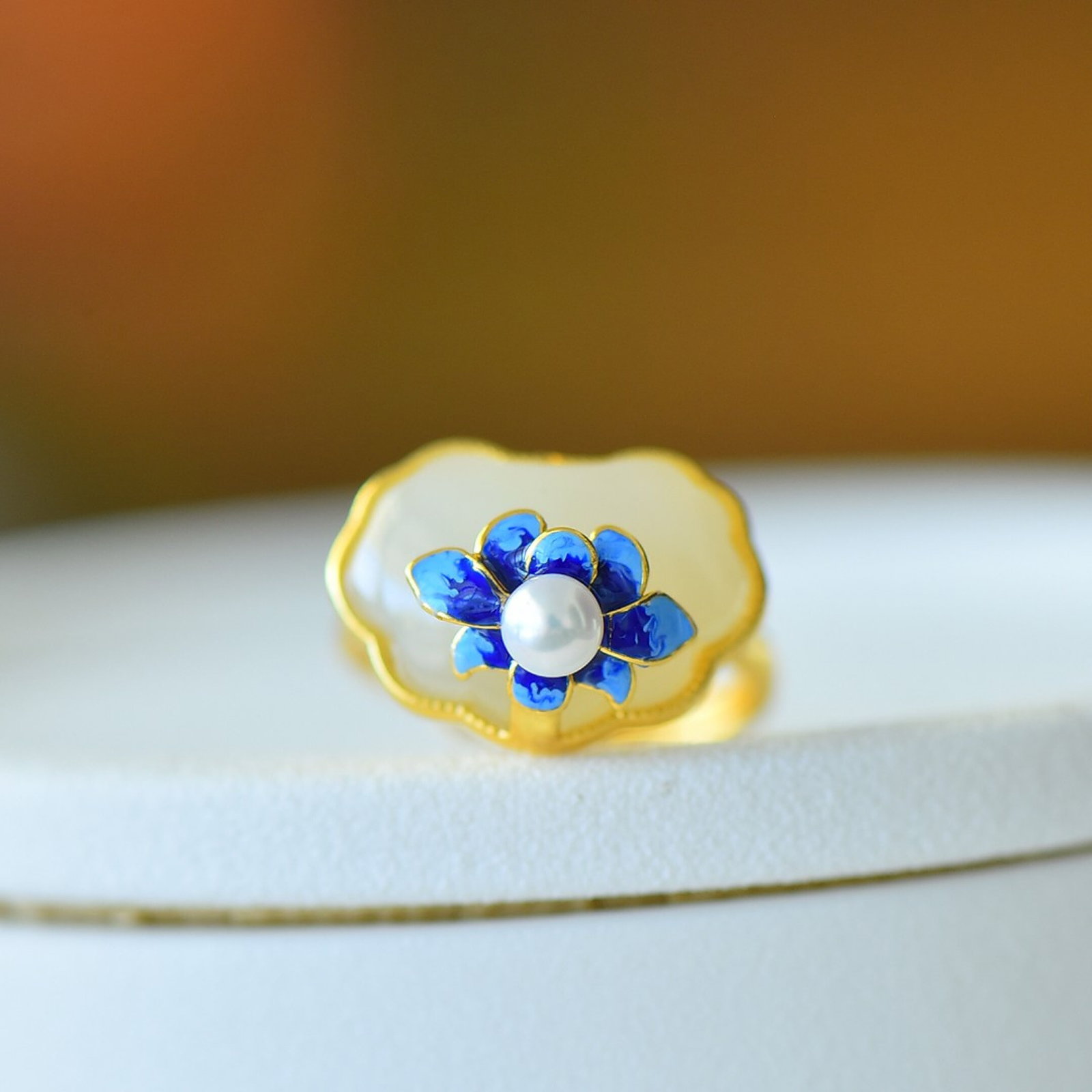 An Exquisite Sterling Silver-Gold Plated Inlaid White Jade Ring - 2