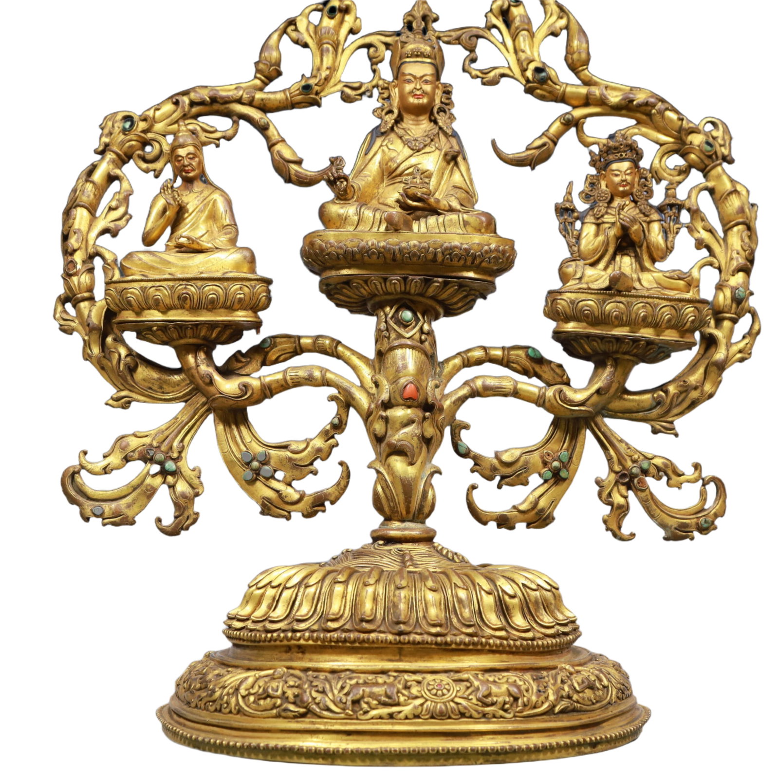 A Solemn Gilt Bronze Buddha Statue, Inlaid Gems - 3