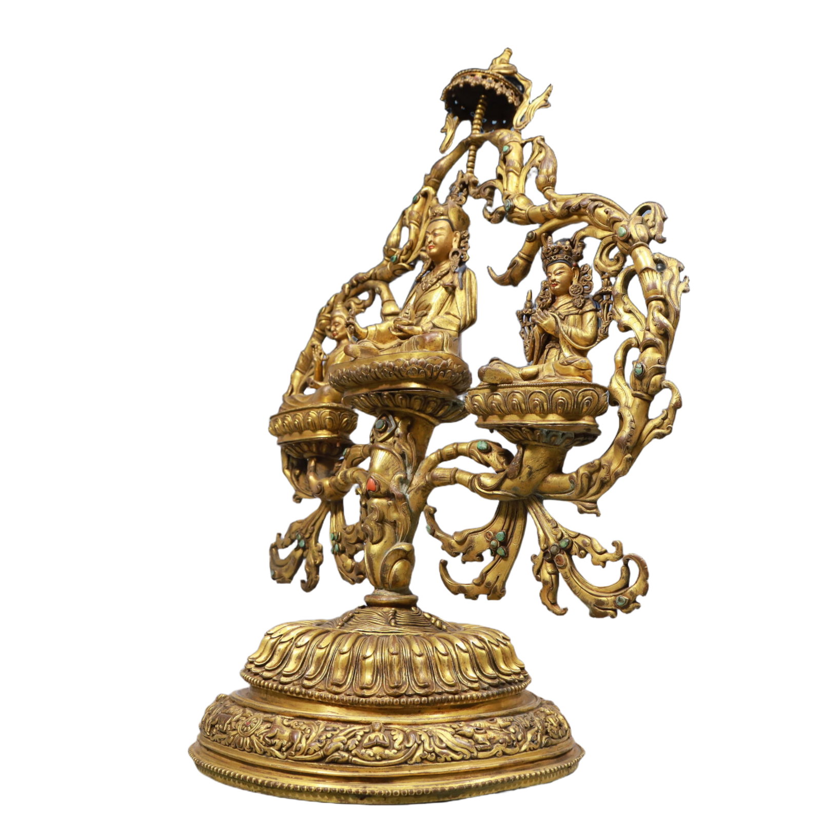 A Solemn Gilt Bronze Buddha Statue, Inlaid Gems - 4