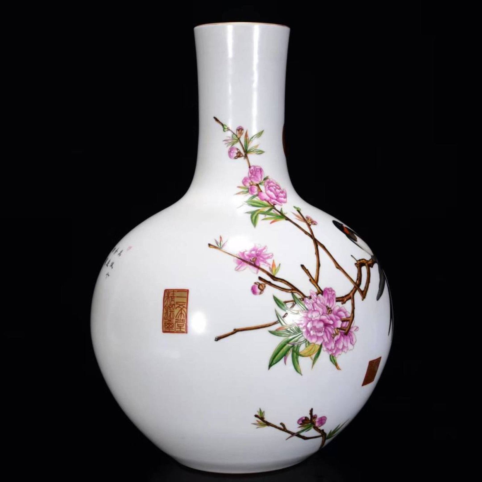A Huge Enamel Painted Gold Flower and Bird Pattern Vase,With Poem - 2