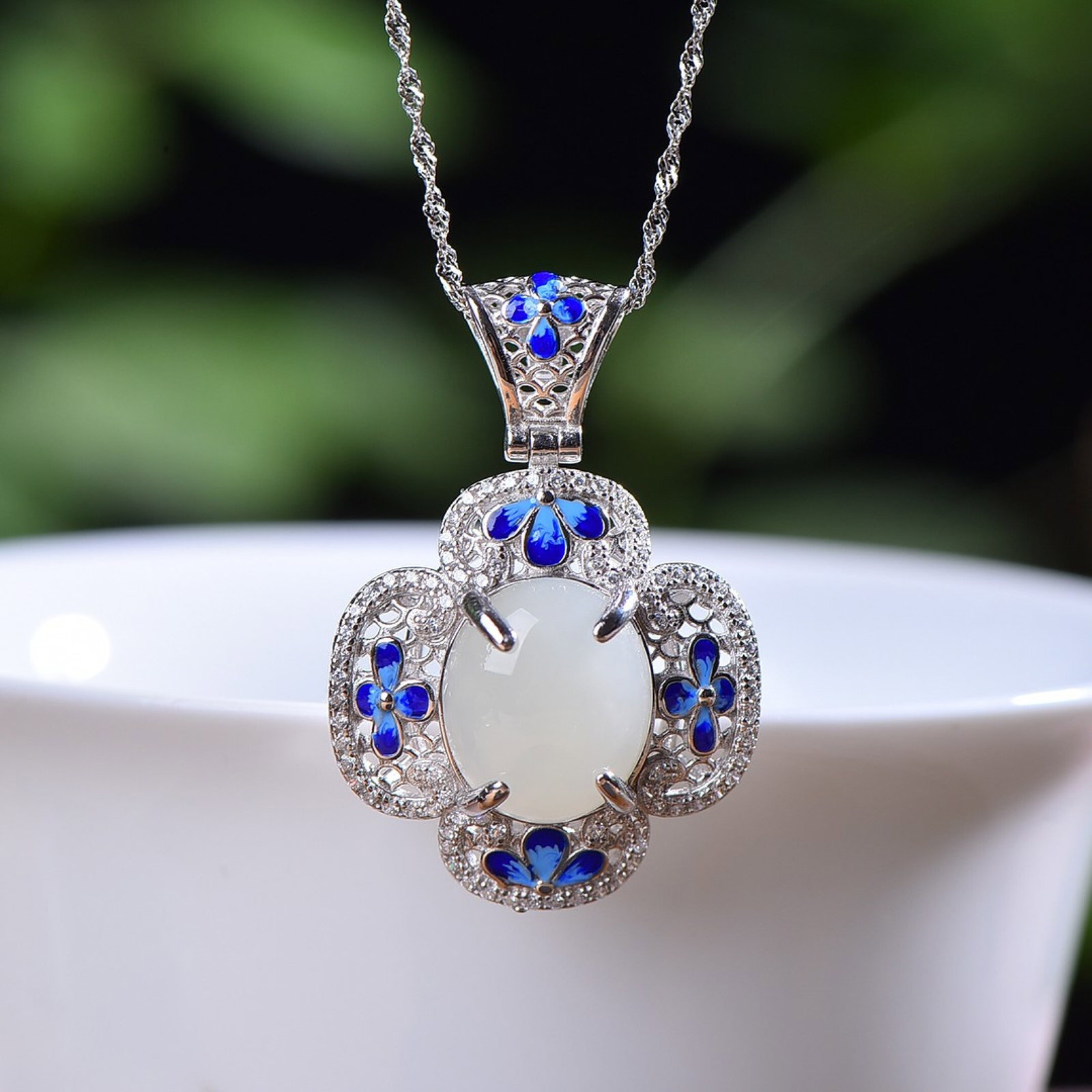 An Exquisite Sterling Silver Inlaid White Jade Enamel Pendant,Inlaid Diamond - 2