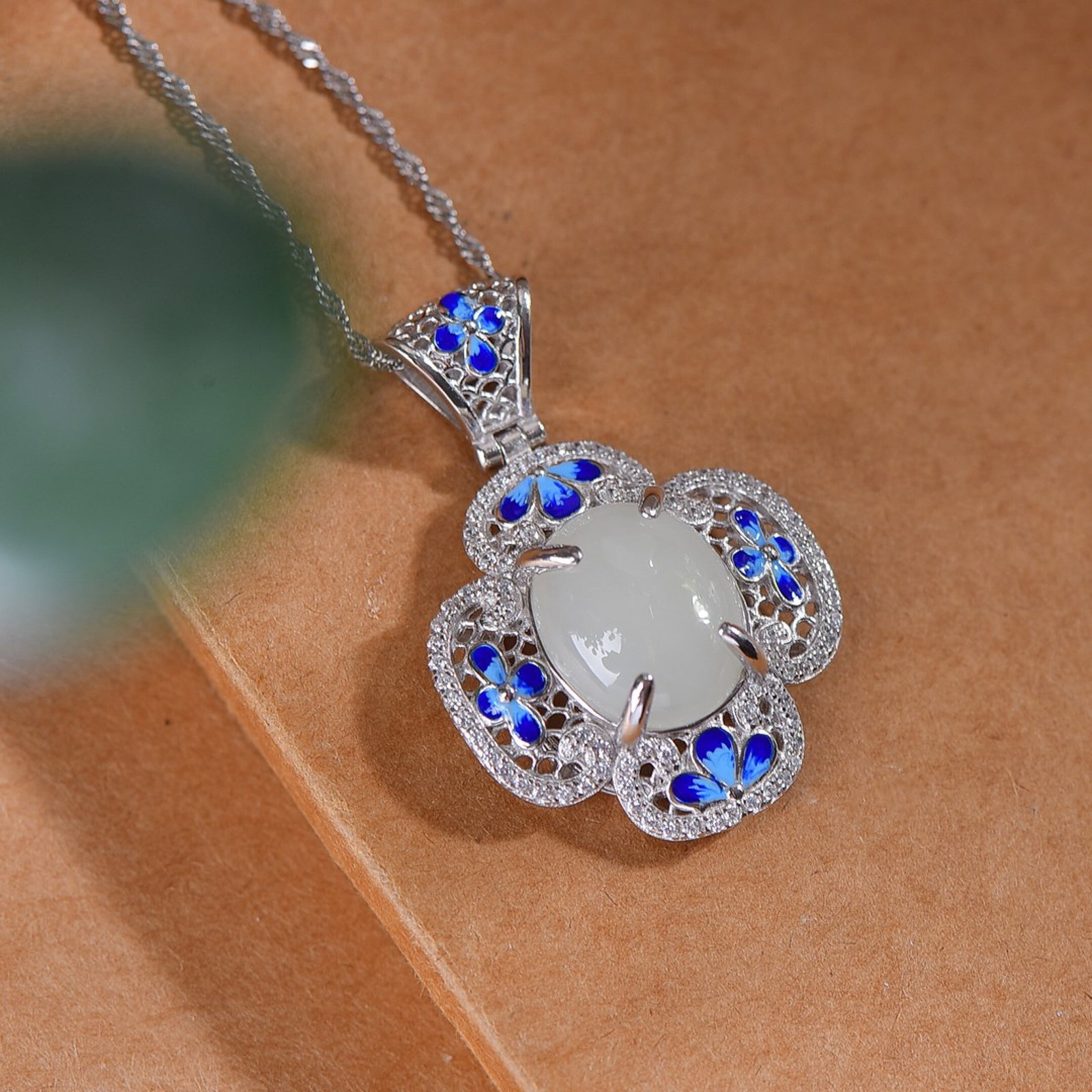 An Exquisite Sterling Silver Inlaid White Jade Enamel Pendant,Inlaid Diamond - 3