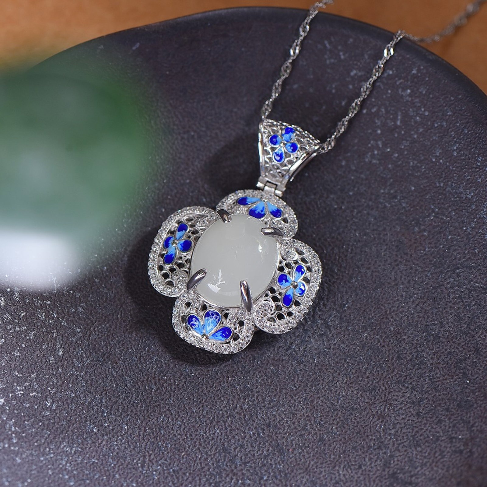 An Exquisite Sterling Silver Inlaid White Jade Enamel Pendant,Inlaid Diamond - 4