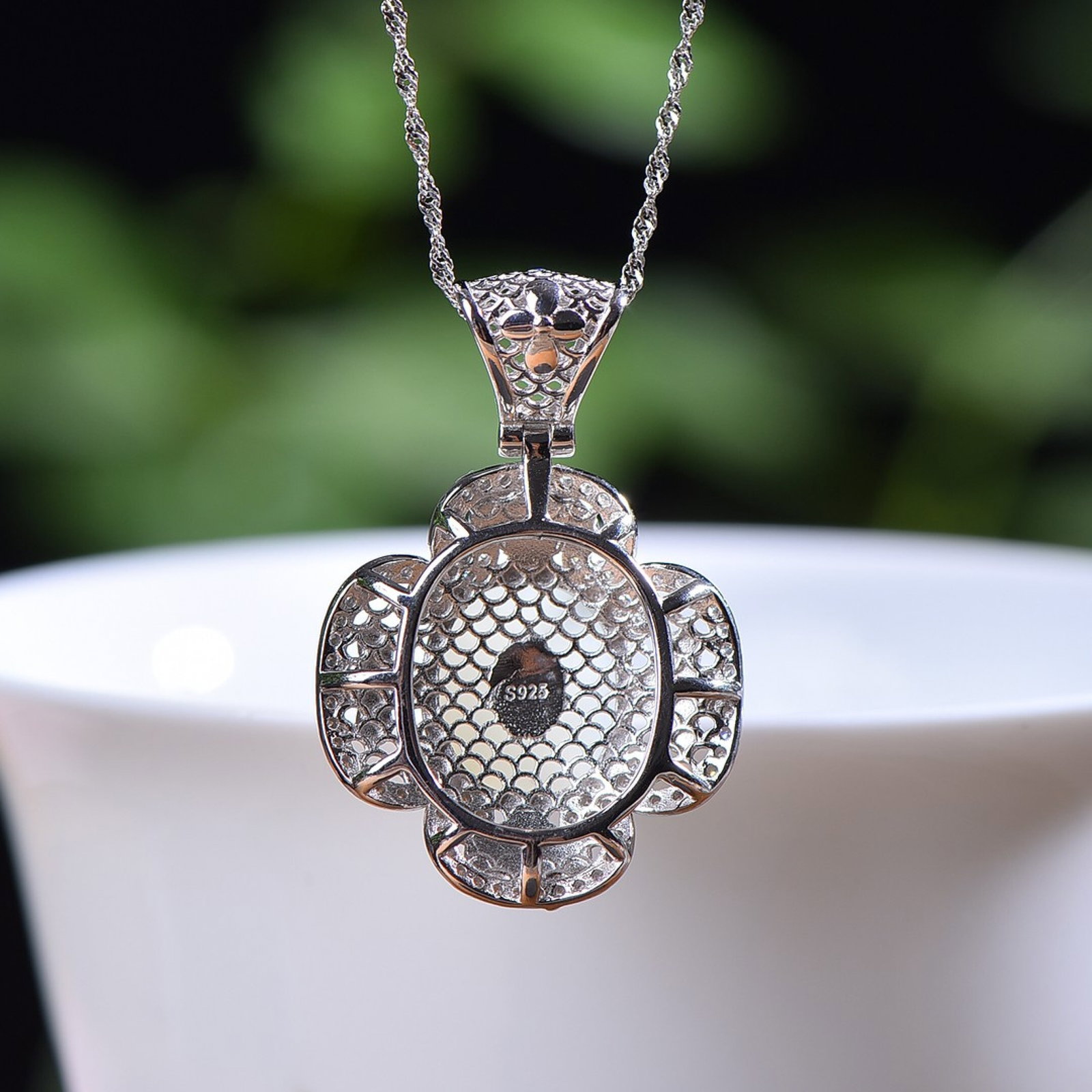 An Exquisite Sterling Silver Inlaid White Jade Enamel Pendant,Inlaid Diamond - 5