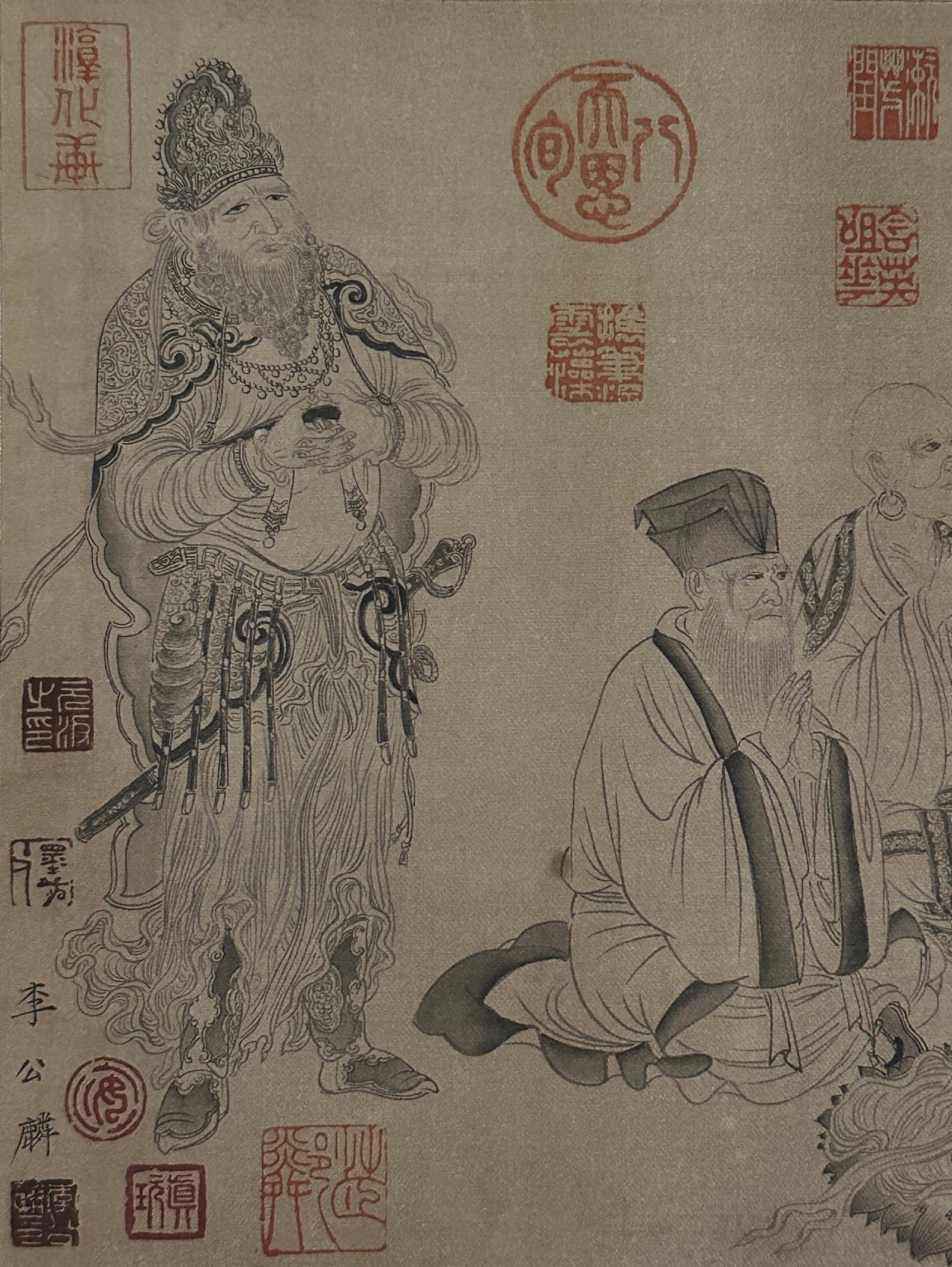 A Chinese Hand Scroll Ink Painting of Buddha Statue on Silk,Li Gonglin - 4