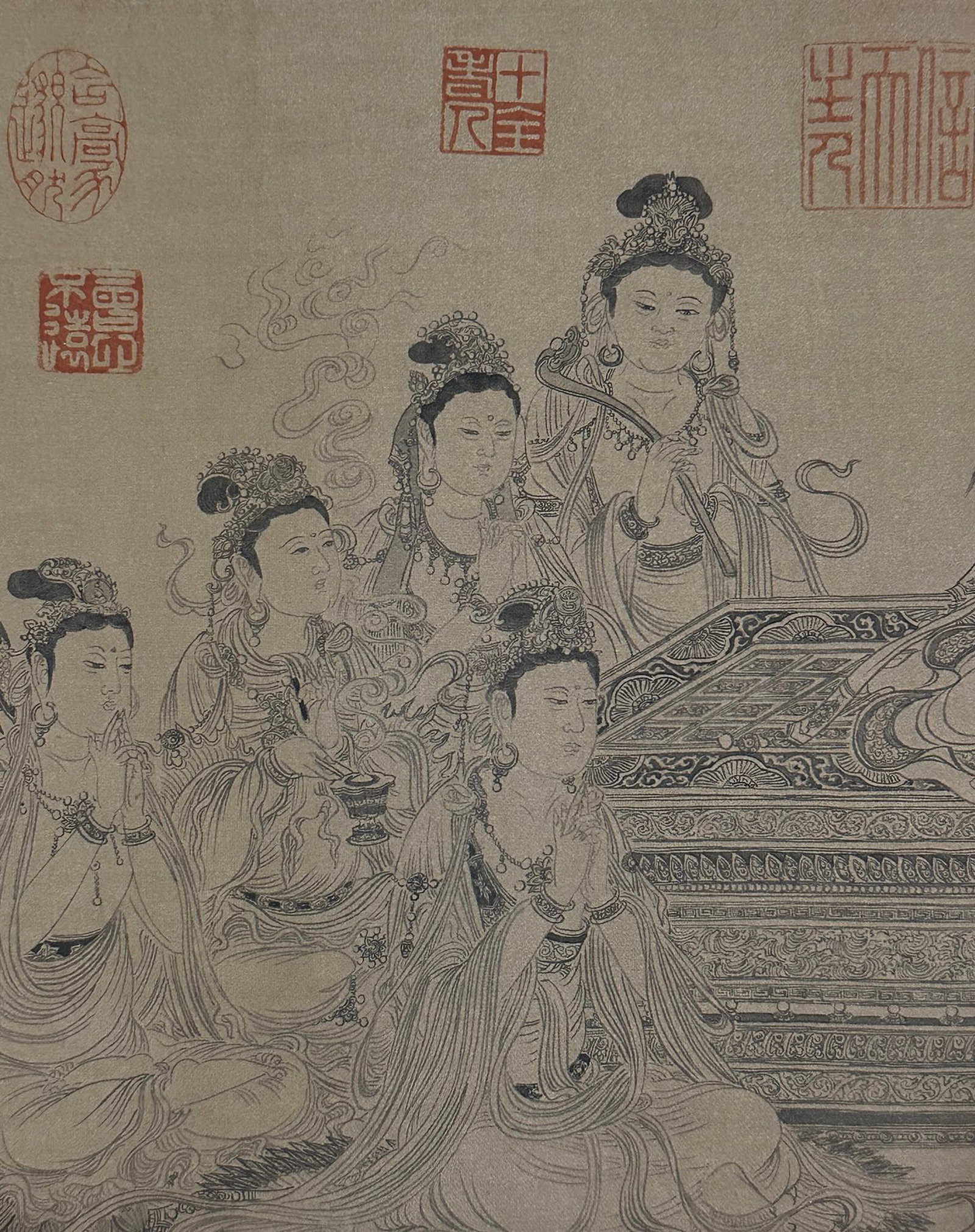 A Chinese Hand Scroll Ink Painting of Buddha Statue on Silk,Li Gonglin - 5