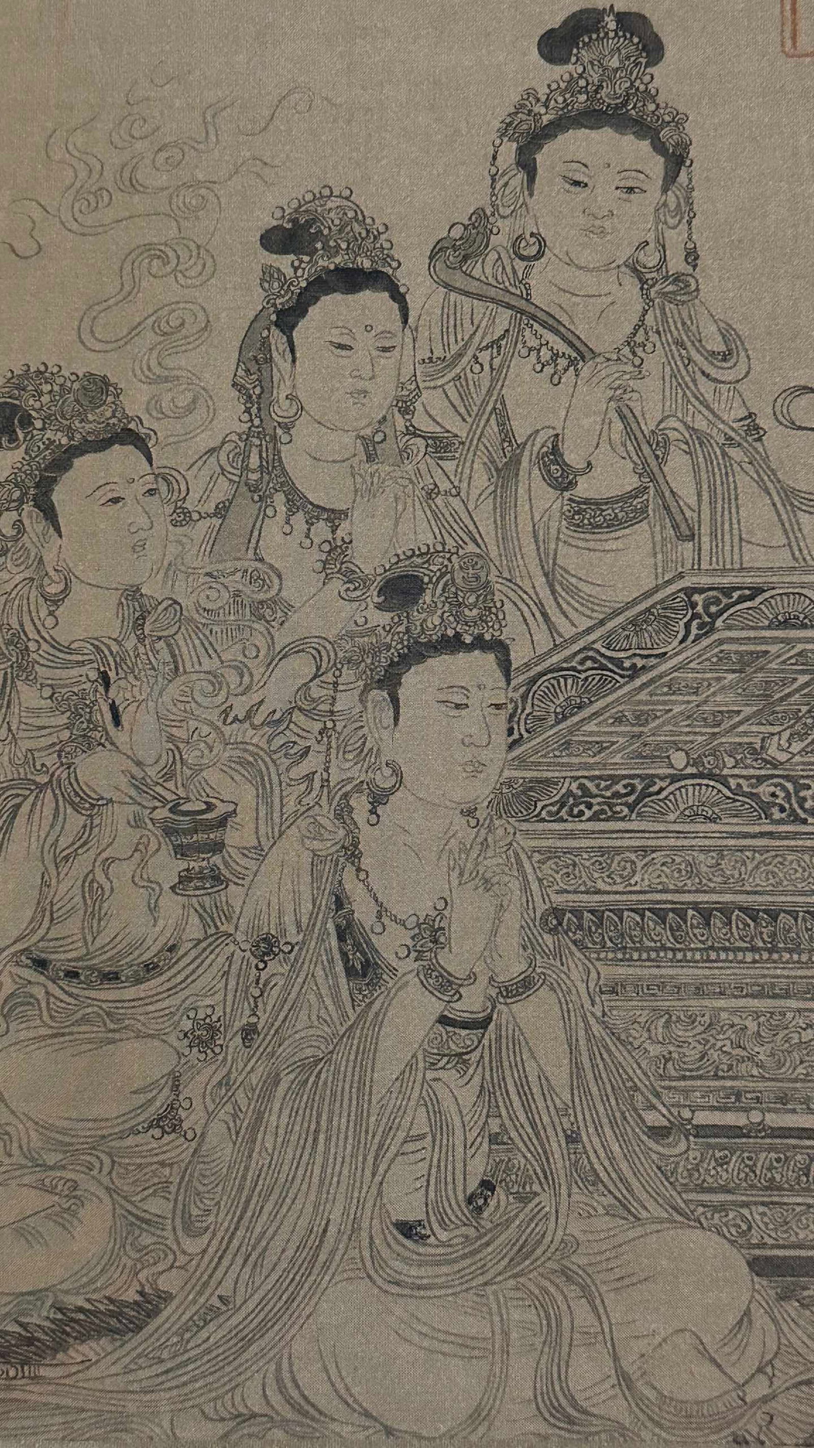 A Chinese Hand Scroll Ink Painting of Buddha Statue on Silk,Li Gonglin - 6