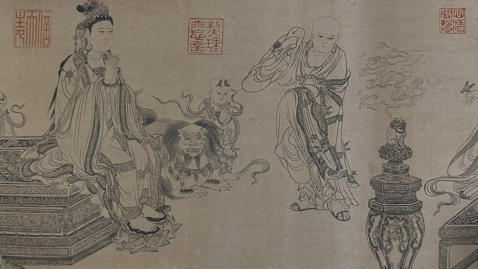 A Chinese Hand Scroll Ink Painting of Buddha Statue on Silk,Li Gonglin - 7