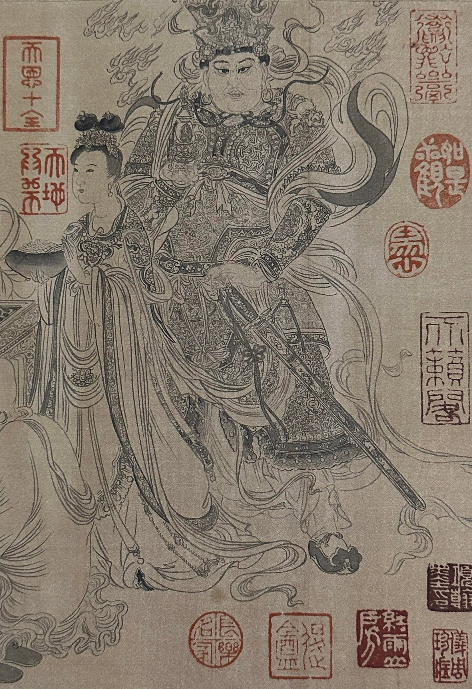 A Chinese Hand Scroll Ink Painting of Buddha Statue on Silk,Li Gonglin - 9