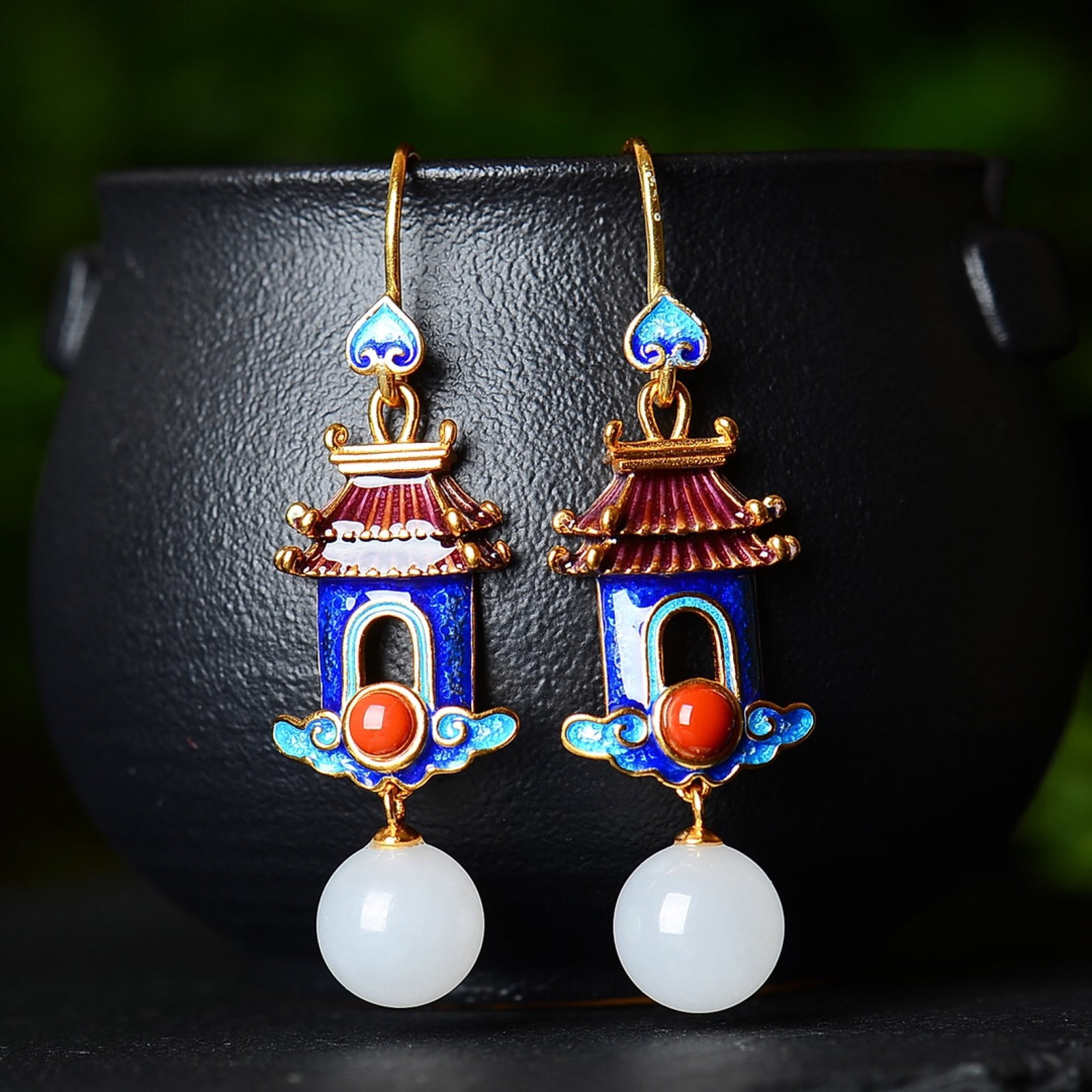 A Pair of Exquisite Sterling Silver-Gold Plated Inlaid White Jade Enamel Earrings: Estimated Value:400-800 A Pair of Exquisite Sterling Silver-Gold Plated Inlaid White Jade Enamel Earrings,Size:10mmx10:mm