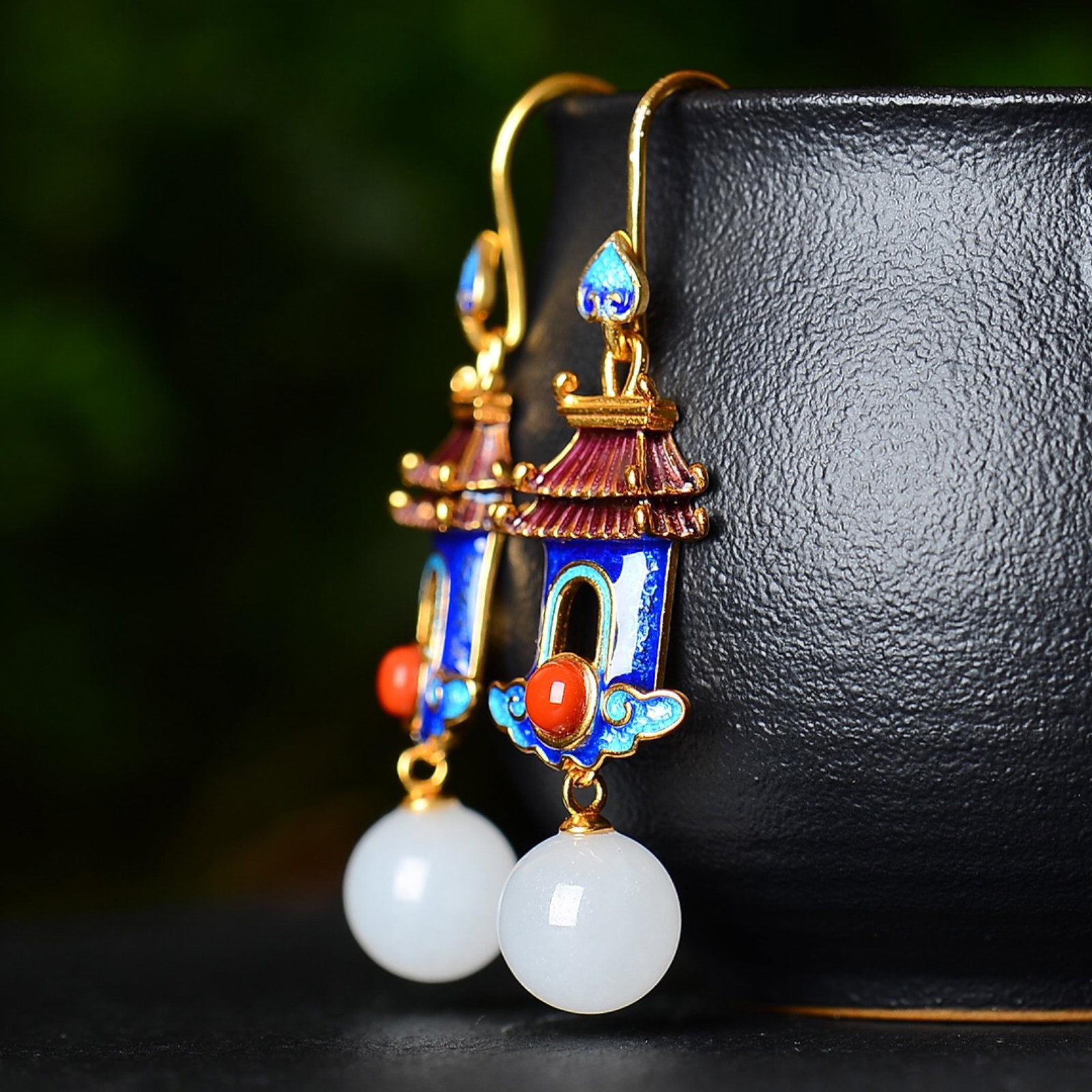 A Pair of Exquisite Sterling Silver-Gold Plated Inlaid White Jade Enamel Earrings - 2