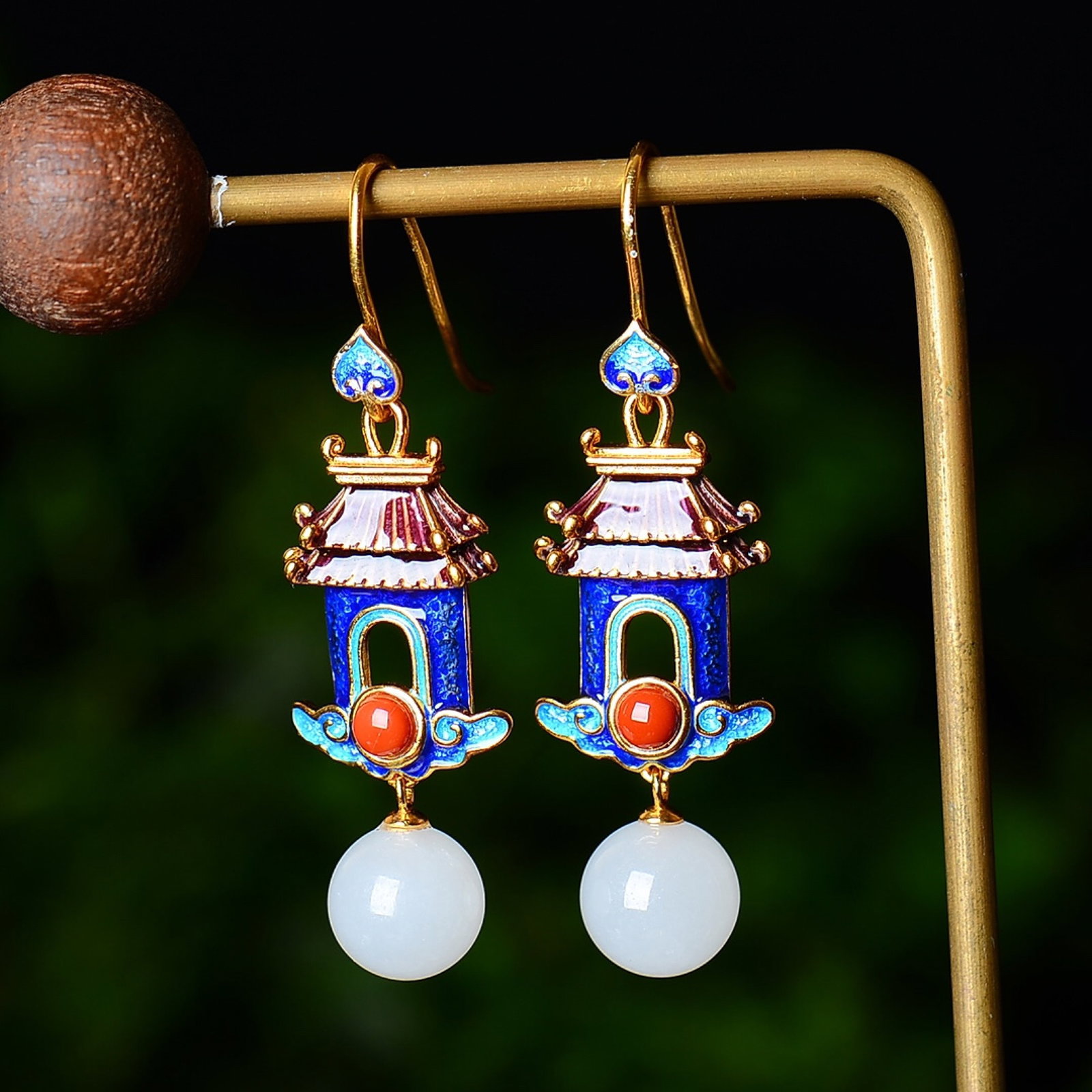 A Pair of Exquisite Sterling Silver-Gold Plated Inlaid White Jade Enamel Earrings - 3