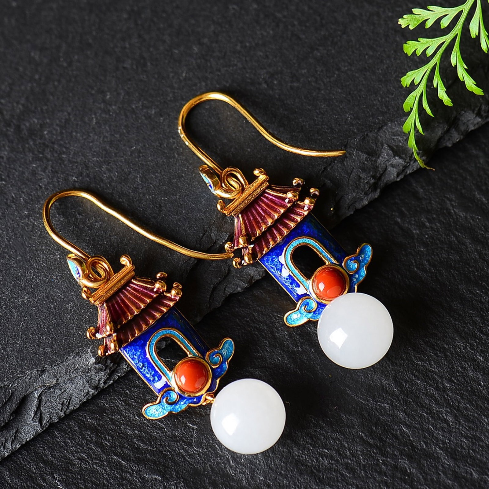 A Pair of Exquisite Sterling Silver-Gold Plated Inlaid White Jade Enamel Earrings - 4