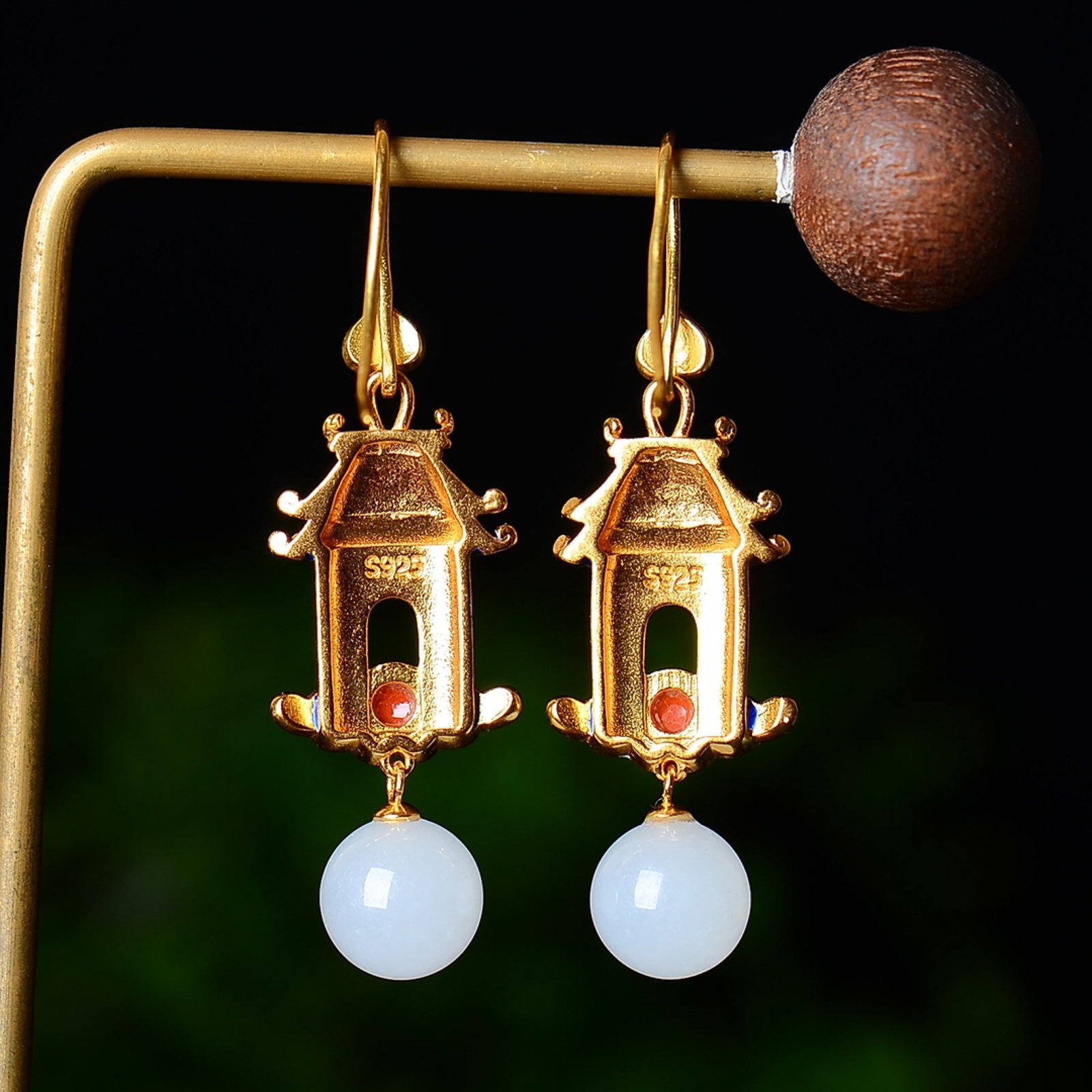 A Pair of Exquisite Sterling Silver-Gold Plated Inlaid White Jade Enamel Earrings - 5
