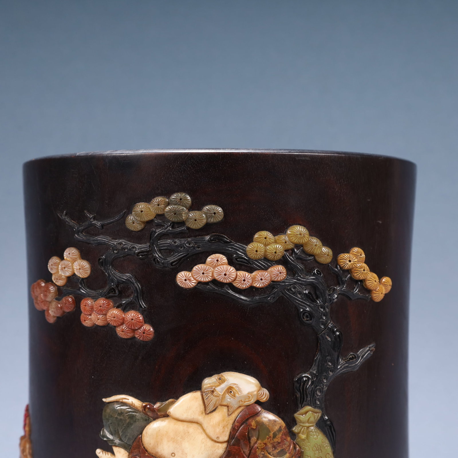 An Exquisite Zitanwood Landscape and Figure Pattern Brush Pot,Inlaid Gems - 2