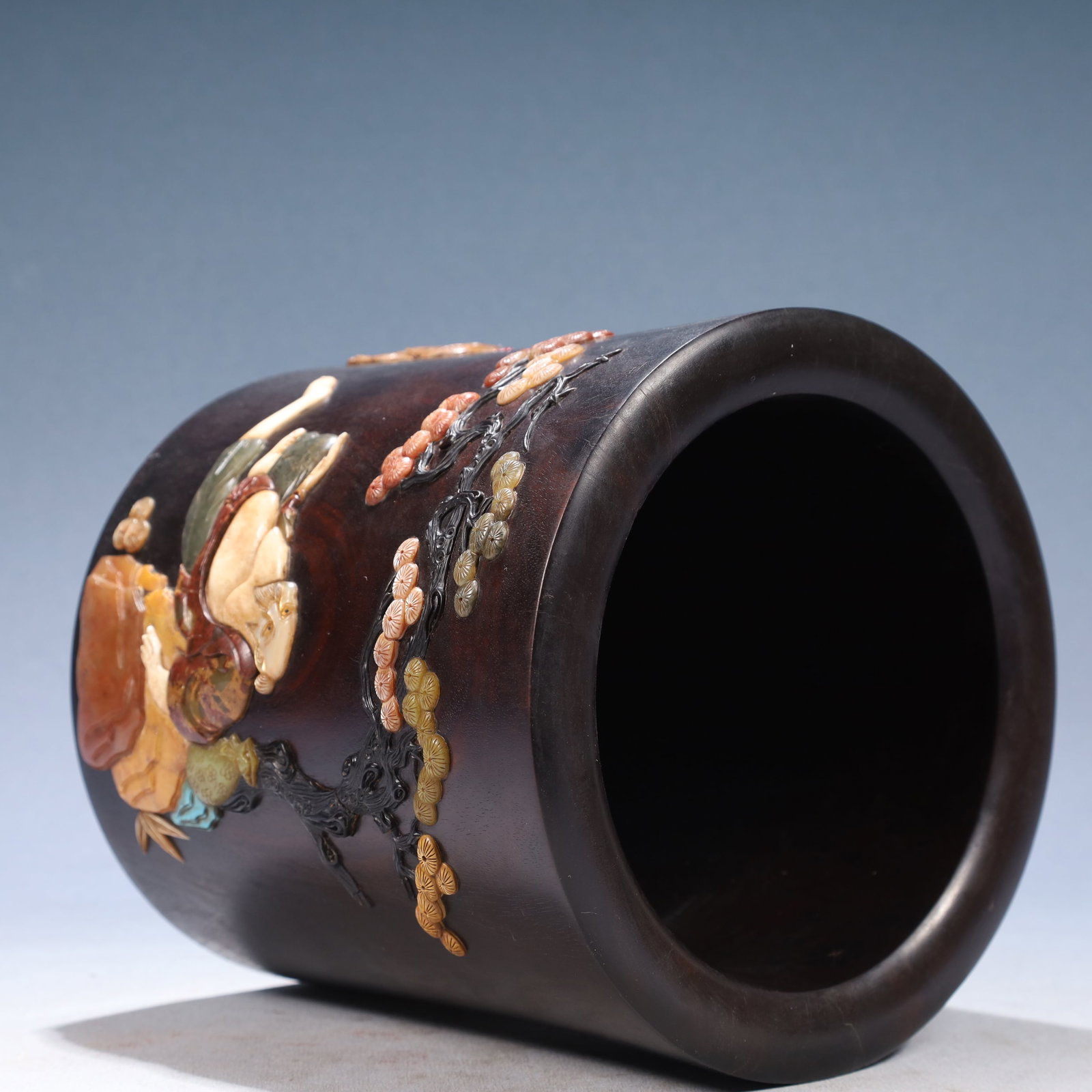 An Exquisite Zitanwood Landscape and Figure Pattern Brush Pot,Inlaid Gems - 8
