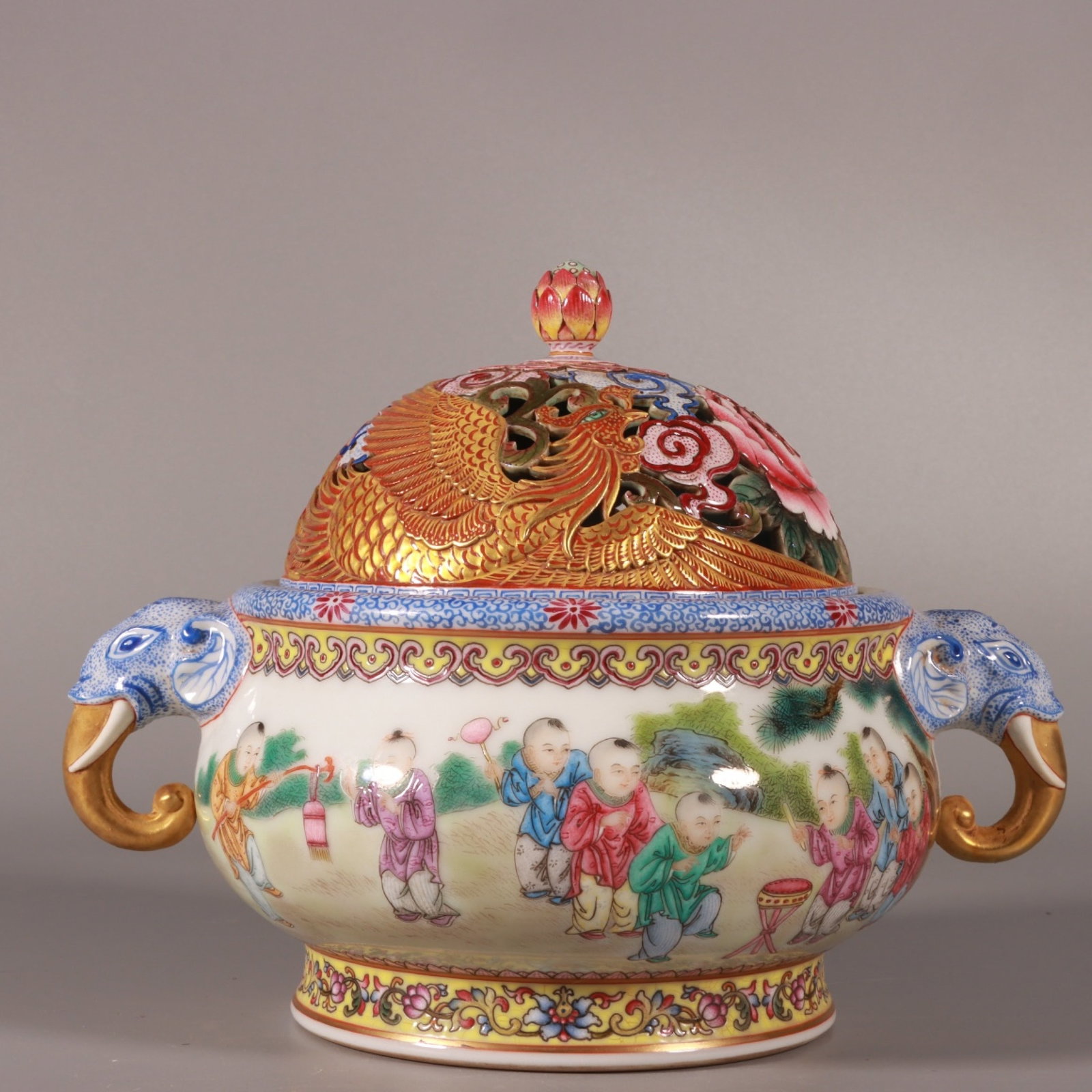 A Pair of Exquisite Enamel Painted Gold Figure and Phoenix Pattern Elephant-Ears Censers - 2